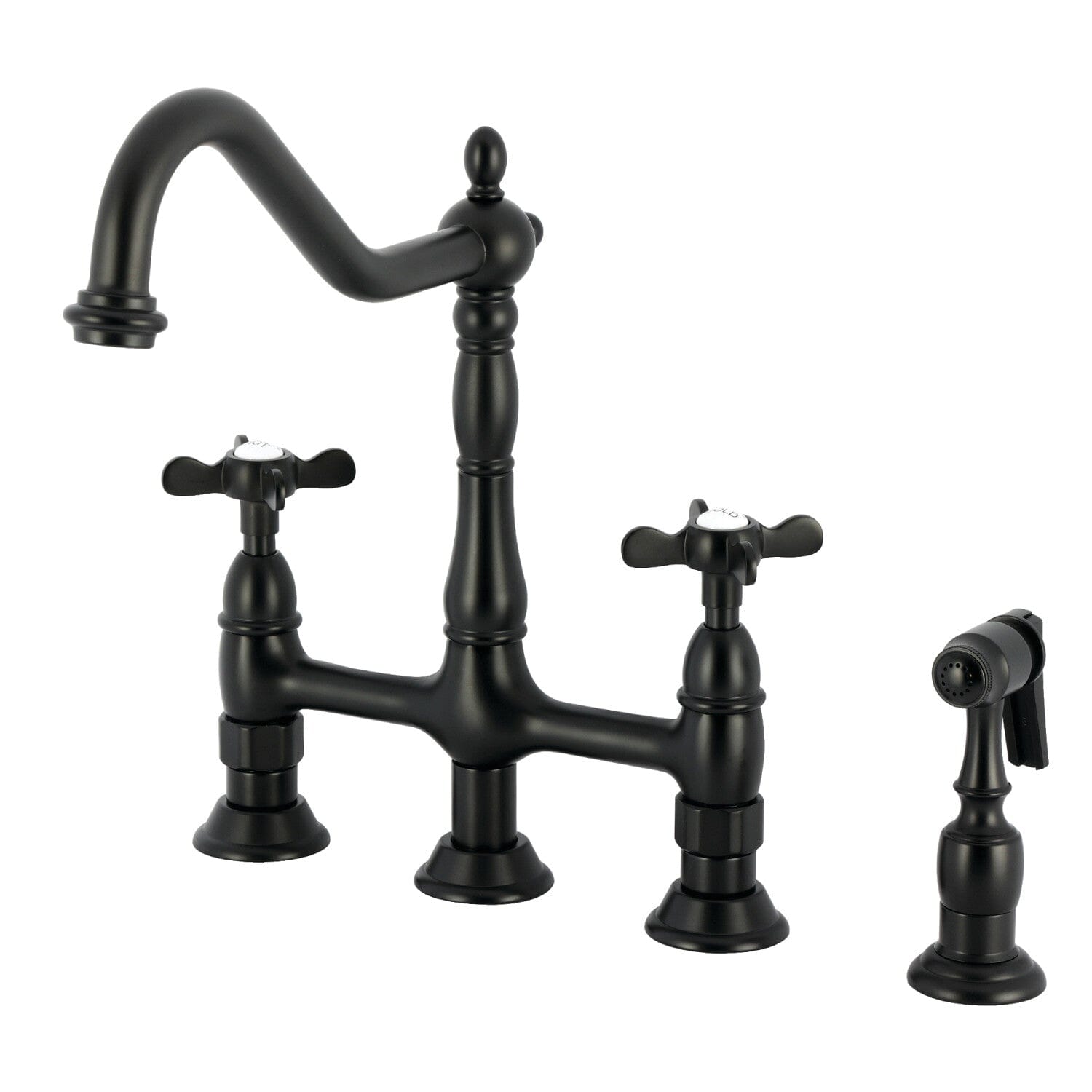 Essex Two Handle 4 Hole Deck Mount Bridge Kitchen Faucet with Brass Side Sprayer - Vintage Style Brass Faucet for Farmhouse & Traditional Kitchens - Perfect for Washing Dishes, Filling Pots & Cleaning Countertops