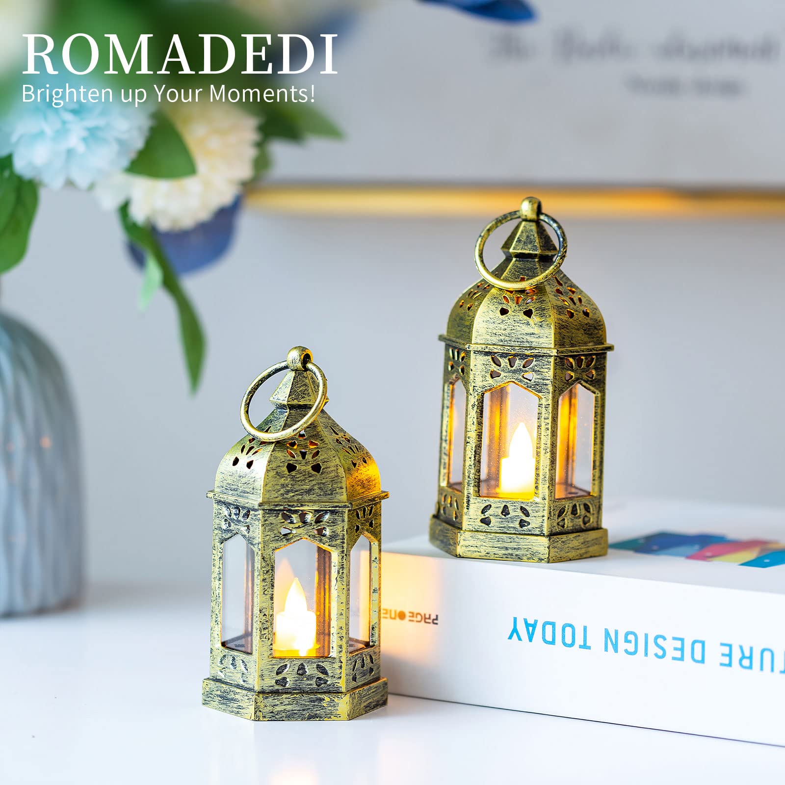 Romantic Mini Gold Lanterns with Flickering LED Candles - 10 Pack Hanging Decorative Centerpieces for Weddings, Parties, Christmas & Halloween Decor - Battery Included - Perfect for Table Settings, Garden Lighting and Indoor Ambiance