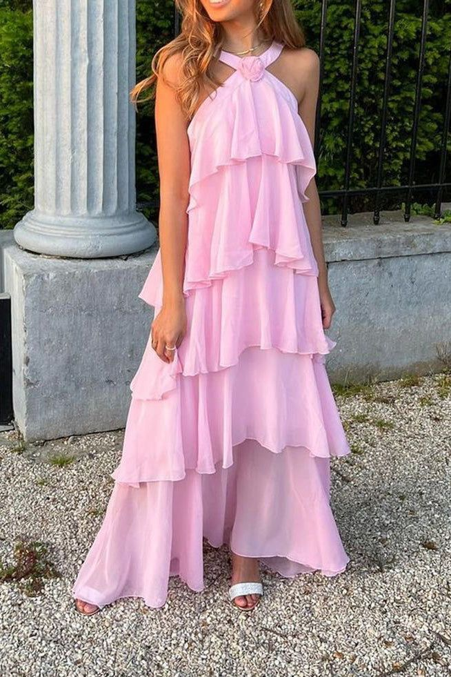 Elegant Pink Chiffon Halter Neck Floor-Length Prom Dress with Layered Skirt J3711 - Perfect for Homecoming, Formal Dances & Special Occasions