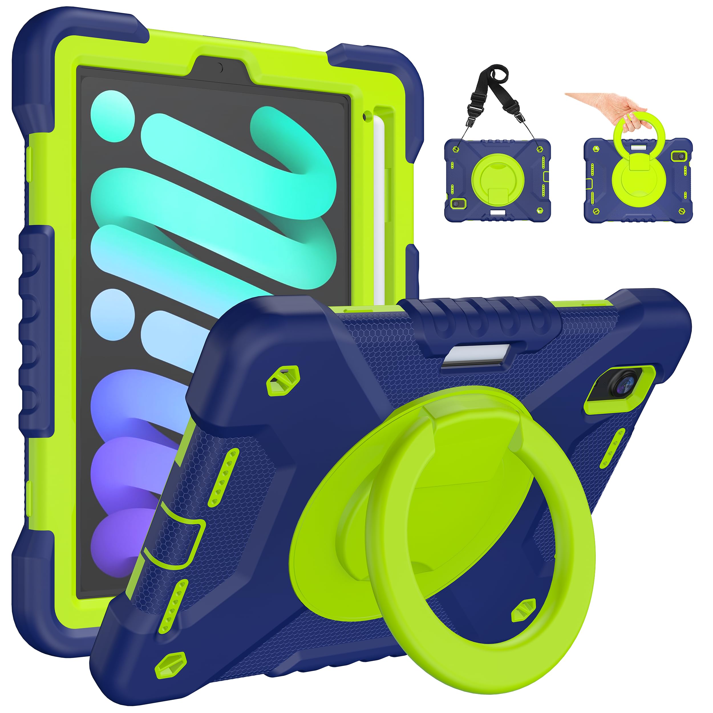 2024 iPad Mini 7 & 2021 iPad Mini 6 Case with Built-in Pencil Holder, 360° Rotating Handle Stand - Shockproof Protective Cover for 8.3 Inch iPad Mini 7th/6th Generation (Navy+Green) - Perfect for Work, Travel & Drawing