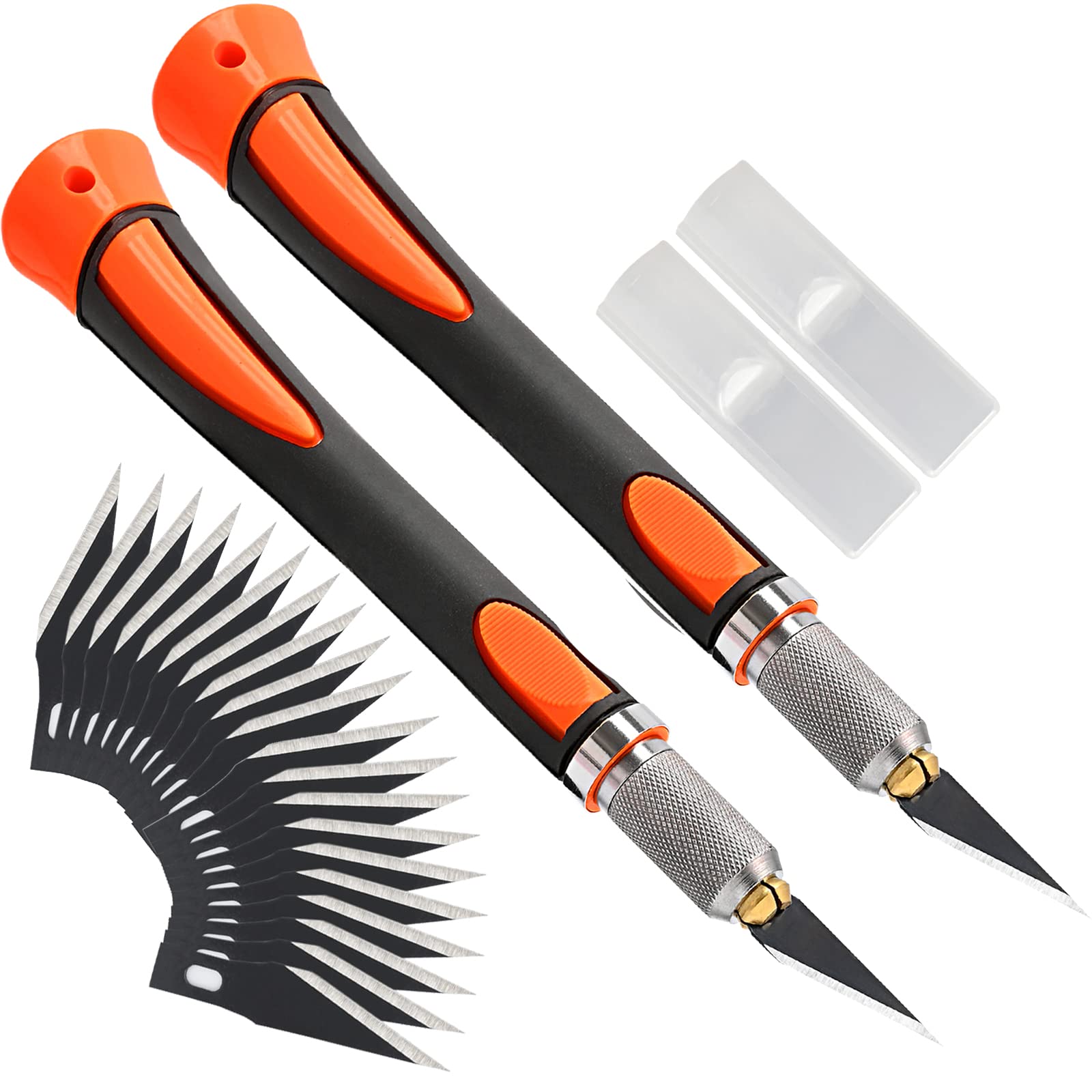 FOSHIO 2 Pack Precision Craft Knife Set with 20 Replacement Blades - Ergonomic Non-Slip Handle & Protective Cover - Ideal for Art, Crafting, Scrapbooking, Stencil Cutting, DIY Projects (Orange)