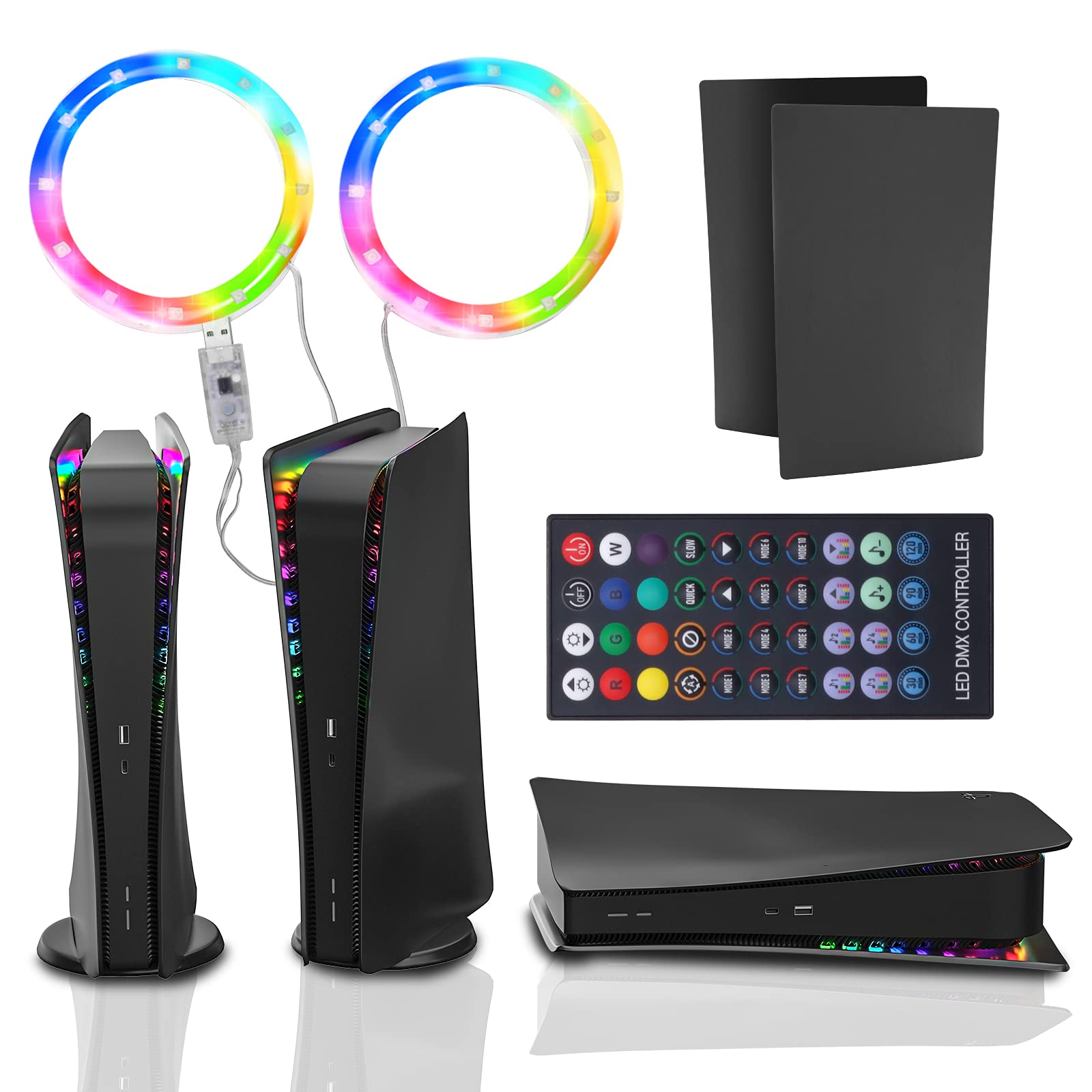 PS5 Accessories Set - Black Replacement Plates for PS5 Digital Edition & RGB LED Strip Lights with Remote Control - Enhance Gaming Setup for PlayStation 5