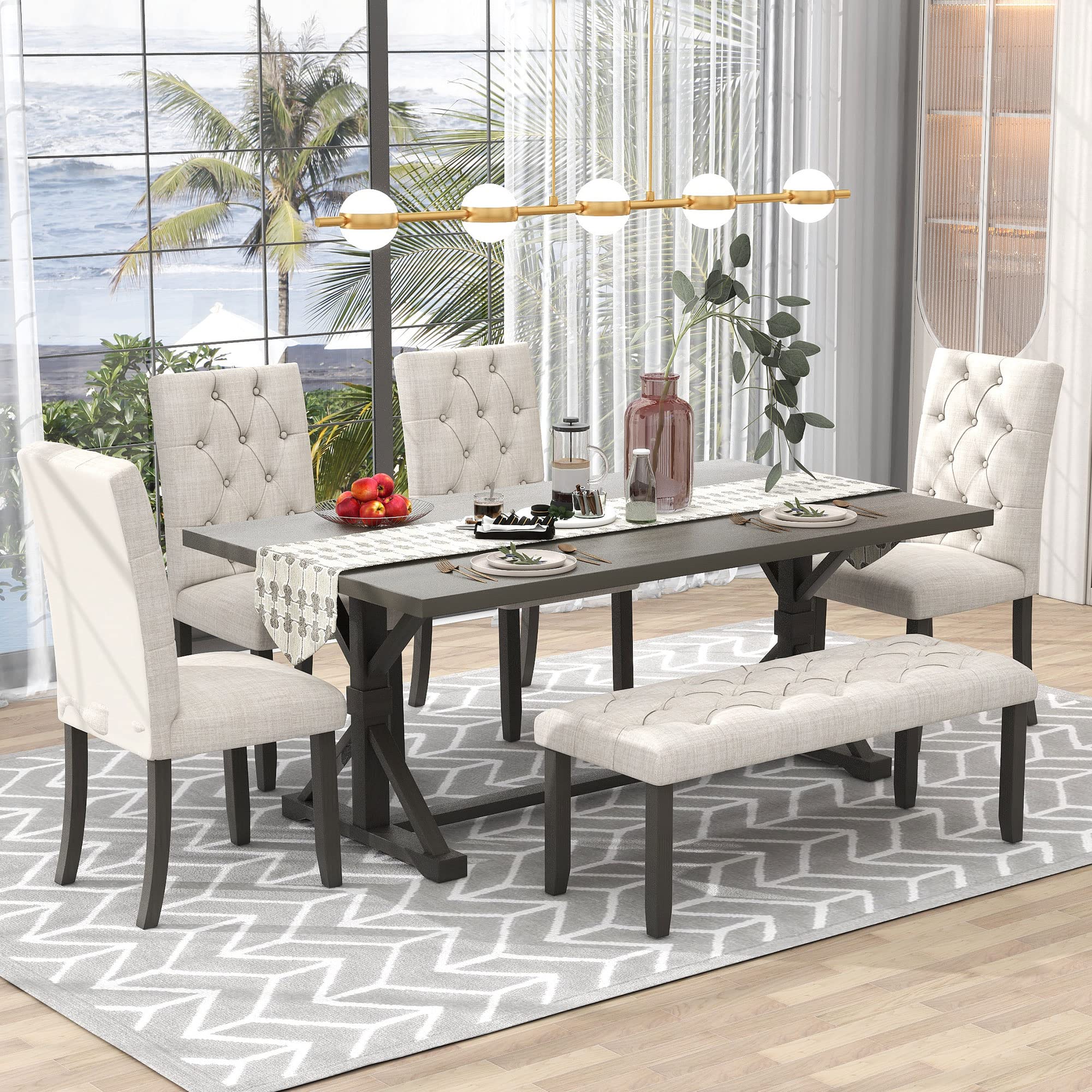 P PURLOVE 6-Piece Wooden Dining Table Set - 78