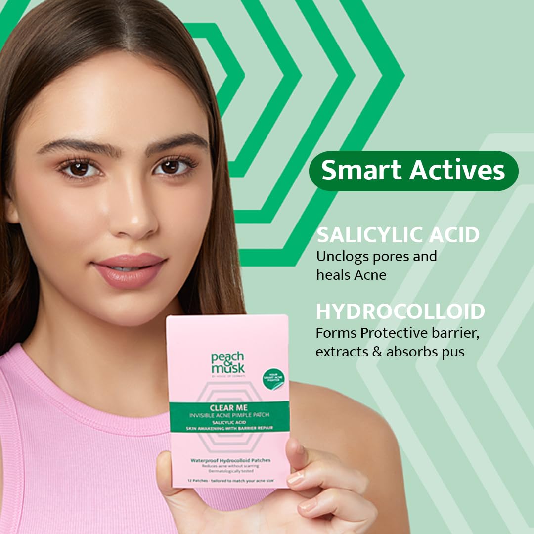Peach and Musk Clear Me Invisible Acne Pimple Patch - Hydrocolloid Acne Treatment with Salicylic Acid for Active Breakouts | Overnight Pimple Absorbing, Oil Control & Waterproof | Dermatologist Tested (12 Patches) - Perfect for Travel, Work & Daily Skincare Routine