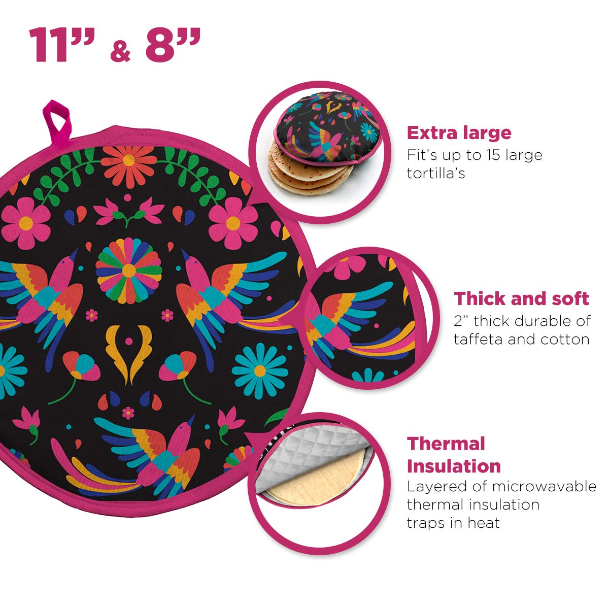 2-Pack Cotton Tortilla Warmer Pouch (Black, 2x8