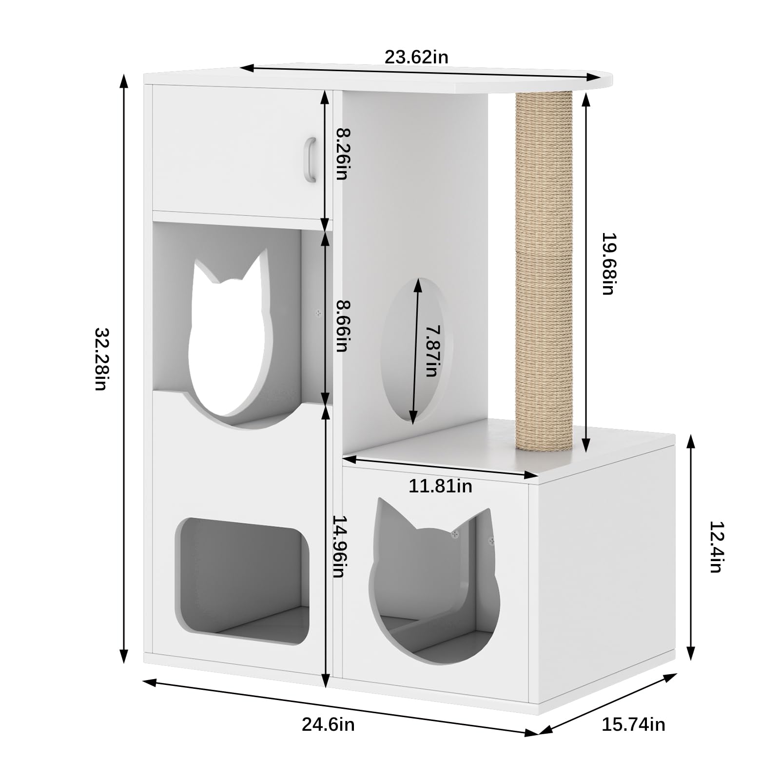 White Wooden Cat House with Scratching Post - Indoor Cat Furniture for Play & Rest