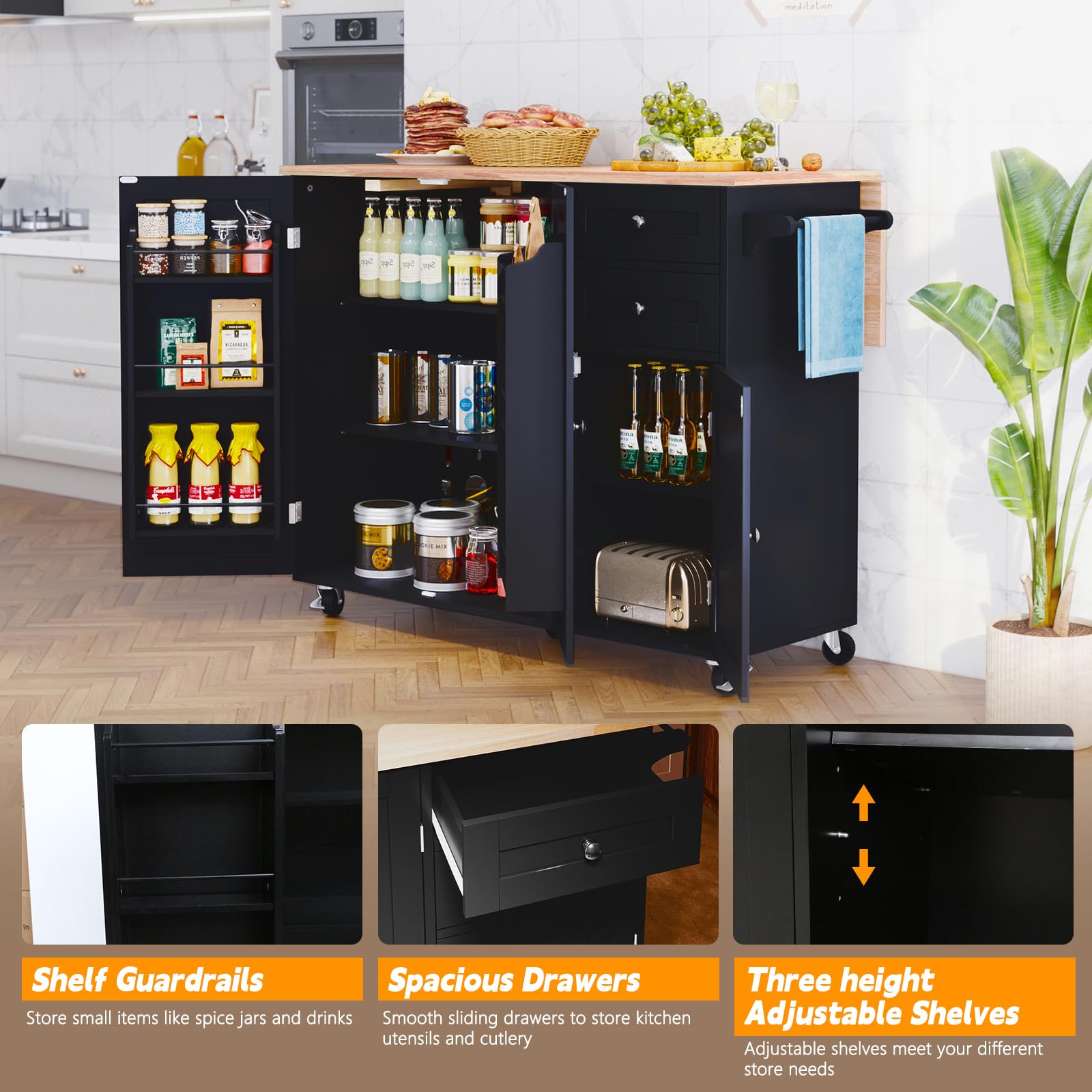 HLR Kitchen Island with Storage - Rolling Mobile Kitchen Cart with Drop-Leaf Bar Countertop, Spice Rack & Tower Shelves - Extra Storage Solution for Small Kitchens, Apartments & Dining Areas - Perfect for Meal Prep, Entertaining & Space Organization