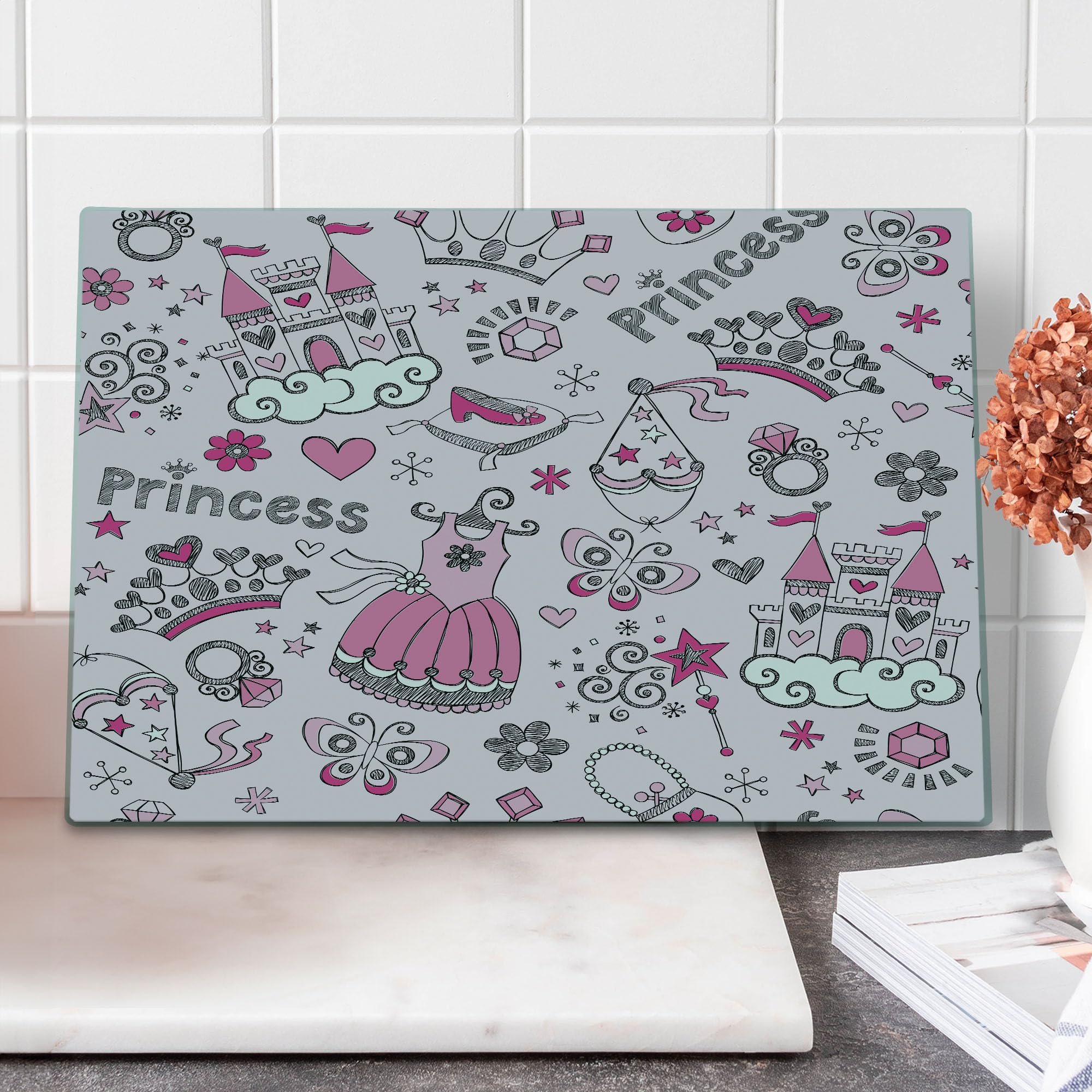 Lunarable Cartoon-Themed Tempered Glass Cutting Board - Pop Art Slipper Butterfly Heart Wand Tiara Heel Shoe Dreamland Design - Large Decorative Serving Board in Pale Pink White Grey - Perfect for Kitchen Prep, Charcuterie Display & Party Entertaining