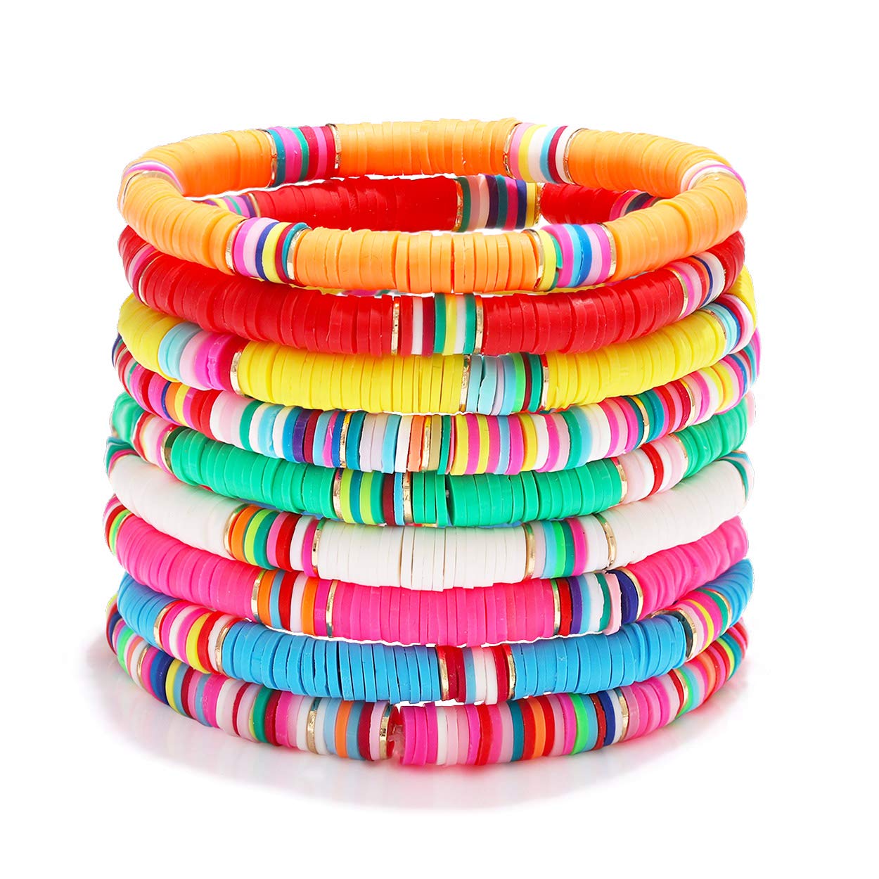 Surfer Heishi Bracelets for Women - Stackable Rainbow Vinyl Disc Clay Beaded Stretch Bracelets - Elastic Layering Friendship Jewelry - Boho Summer Beach Accessories - Perfect for Surfing, Music Festivals, and Vacation Outfits