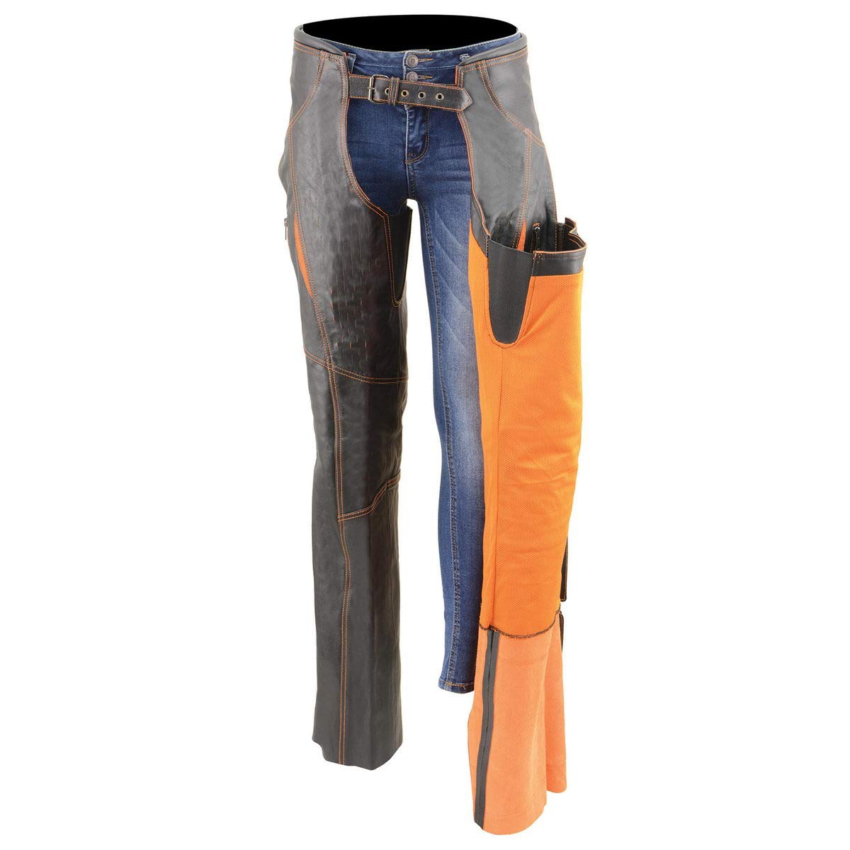 Premium Milwaukee Leather Motorcycle Chaps for Women - Black & Orange with Laser Cut Accent Stitching (MLL6525, Large) | Durable Riding Gear for Harley, Cruiser & Adventure Bikes