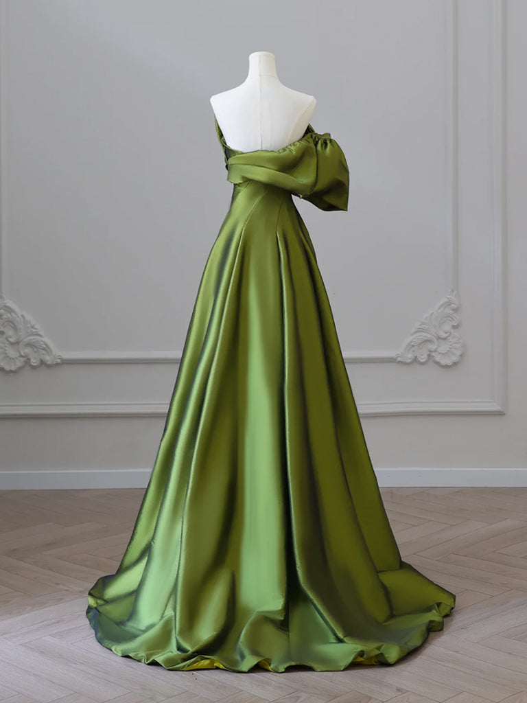 Elegant A-Line V-Neck Satin Green Long Prom Dress for Women - Formal Evening Gown for Homecoming, Wedding Guest, and Special Occasions