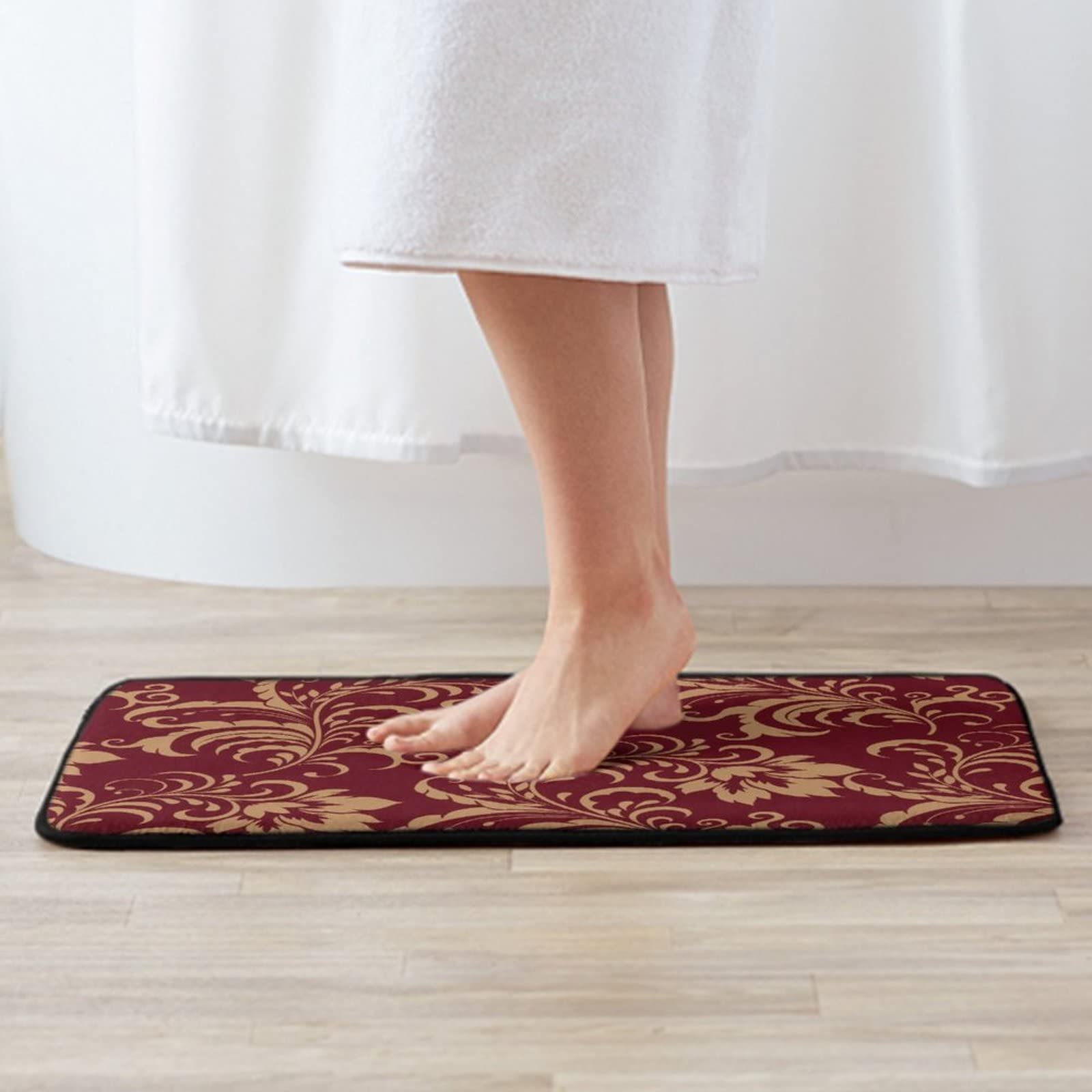 Premium Non-Slip Memory Foam Bathroom Rug - Soft Thick Floral Doormat for Entrance, Shower & Floor (15.8x23.6 Inch) - Elegant Maroon Gold Burgundy Design - Perfect for Bathrooms, Bedrooms & High-Traffic Areas