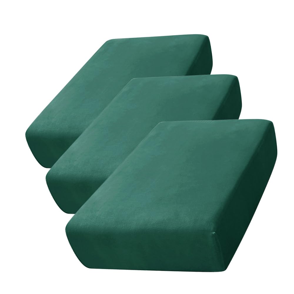Soft Velvet Plush Stretch Cushion Cover - Elastic Bottom Sofa Slipcover Furniture Protector (Green, 3 Pack) - Perfect for Living Room, Bedroom & Office Decor