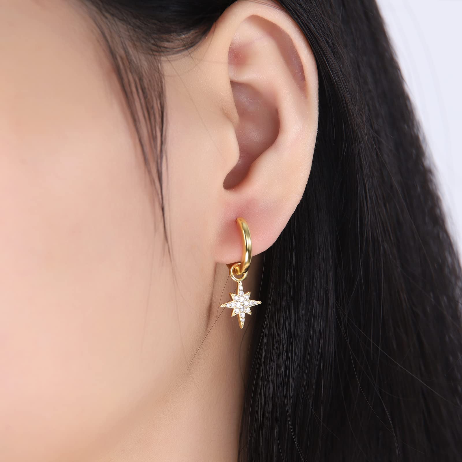 925 Sterling Silver Sparkling Star Earrings - CZ Star Drop Dangle Hoop Earrings Gold Plated for Women | Elegant Jewelry Gift for Birthday, Christmas, Anniversary | Perfect for Parties, Weddings, Date Nights