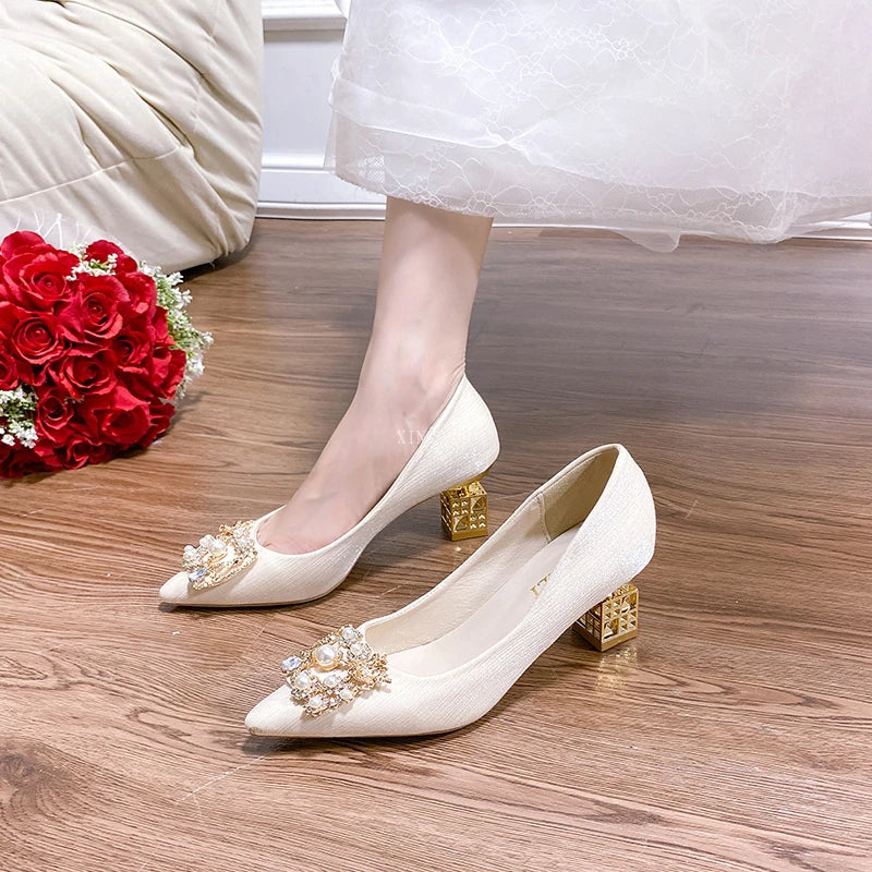 Elegant Autumn Women's High Heels - Pointed Toe 5cm & 7cm Heel Wedding Shoes with Square Buckle for Travel, Banquet & Special Occasions