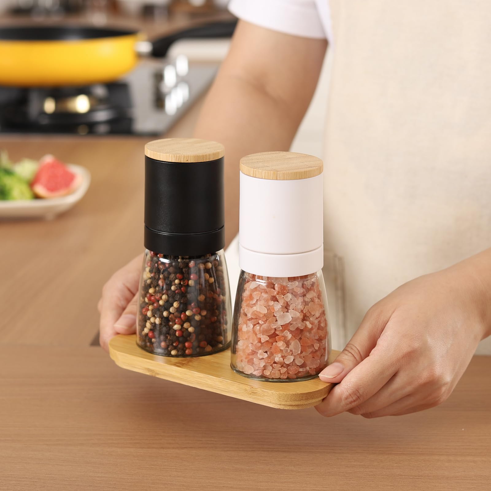 Premium VUCCHINI Salt and Pepper Grinder Set - Refillable Bamboo Lid & Wood Stand - Adjustable Coarseness for Sea Salt, Black Pepper - Perfect for Kitchen, Dining Table & BBQ Party Gifts