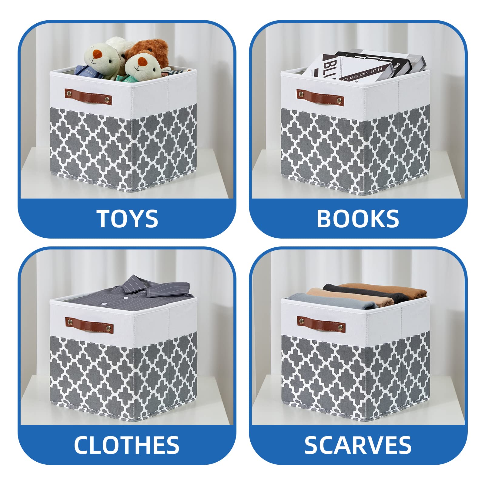 Temary 11x11x11 Inch Cube Storage Bins 4-Pack - Foldable Canvas Organizer Bins with Leather Handles for Closet, Nursery, Office - Grey Lattice Home Organization Solution