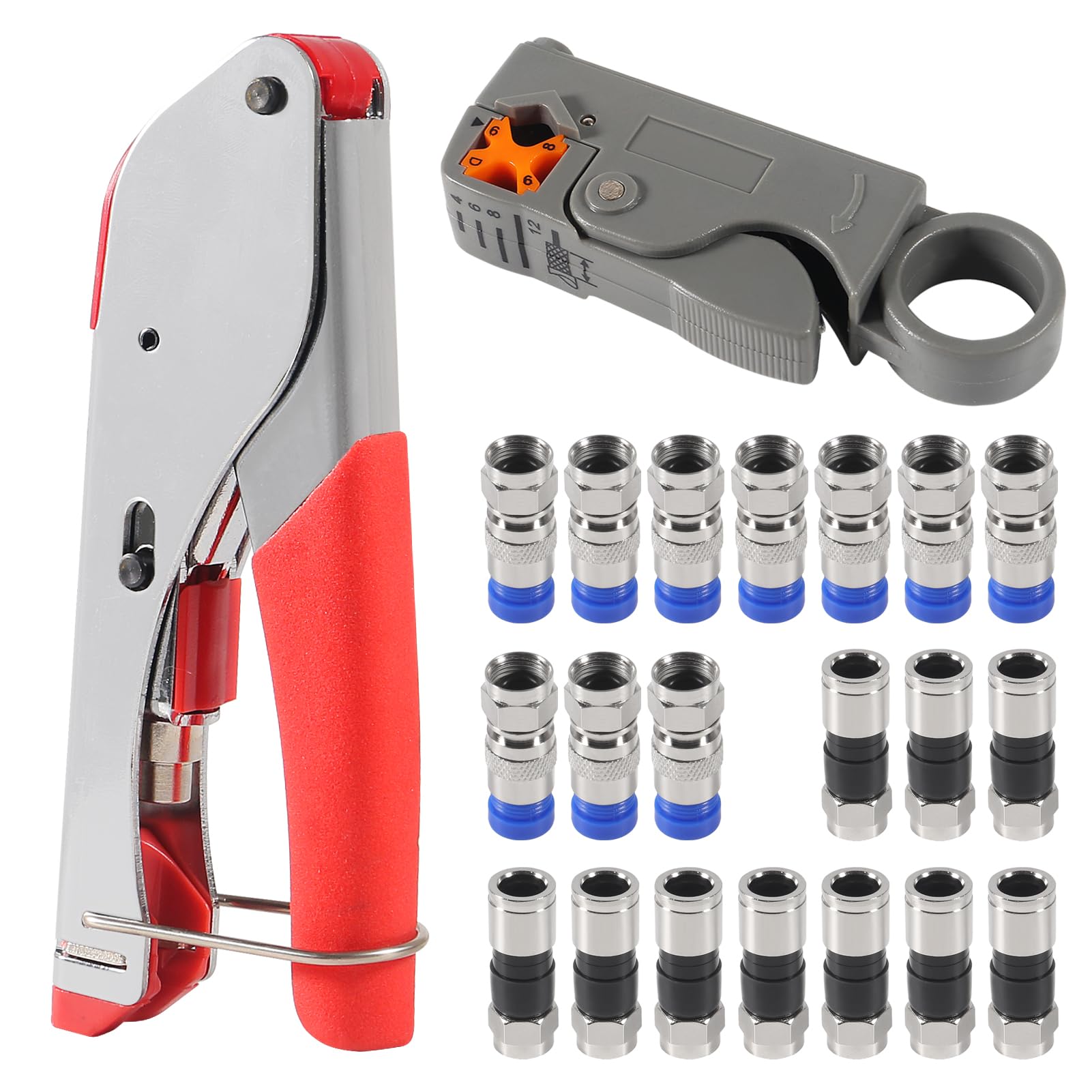 Professional RG6 RG59 Coaxial Cable Crimper Kit - Compression Tool with Wire Stripper & 20pcs F Connectors for Cable TV, Satellite & Internet Installations - Perfect for Home Theater Setup & Network Wiring