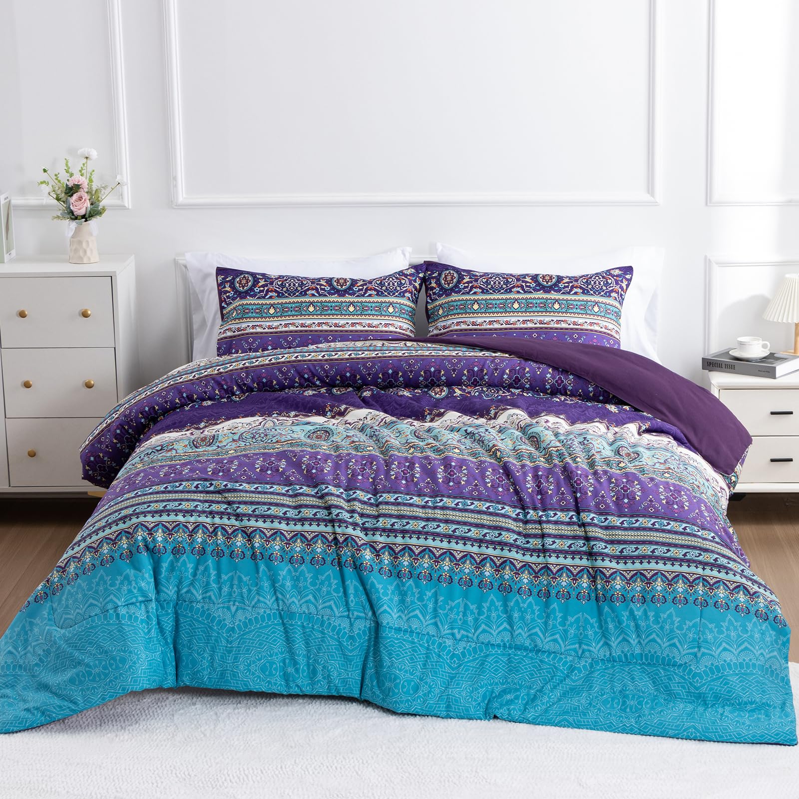 Bohemian Purple Floral Mandala Paisley Printed Comforter Set - Soft Microfiber Queen Size Bedding with Boho Chic Medallion Design | Perfect for Guest Rooms, Dorm Decor & Bohemian Style Bedrooms