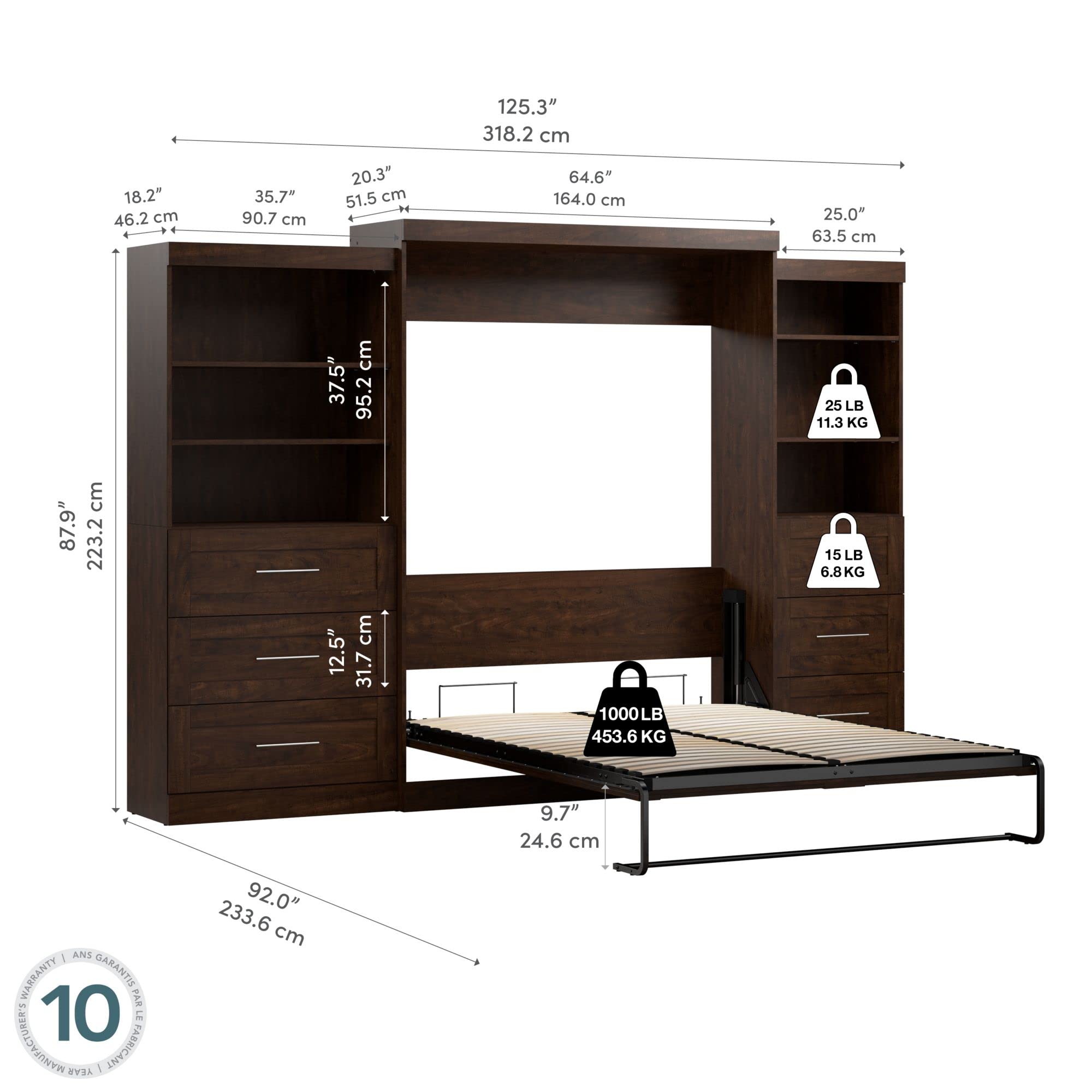 Bestar Pur Queen Murphy Bed with 2 Shelving Units - Space-Saving Wall Bed with Storage & Closet Organizers, Chocolate Finish (126-inch) - Perfect for Small Apartments, Guest Rooms & Home Offices
