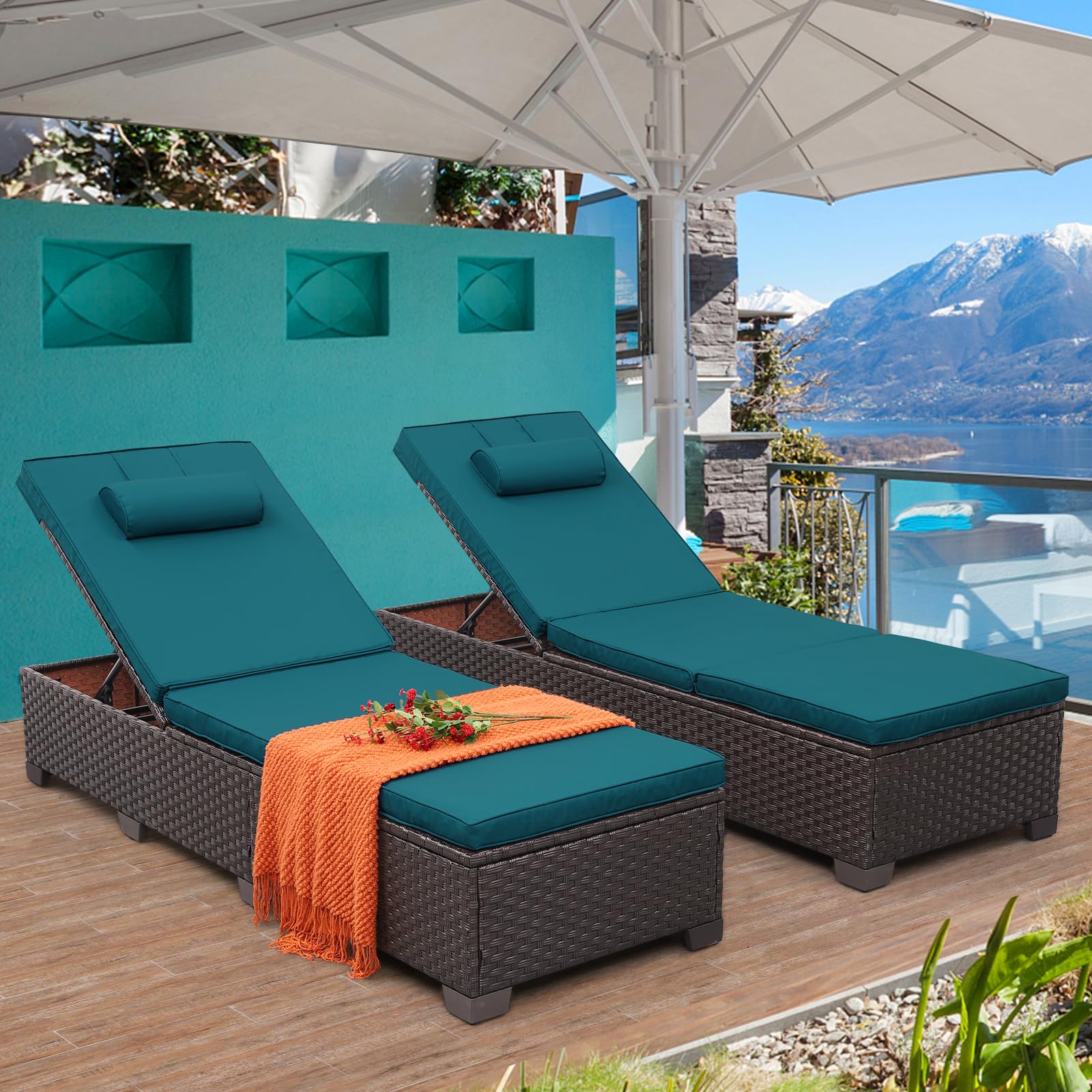 2-Piece Brown Wicker Outdoor Chaise Lounge Set - Adjustable Backrest with Peacock Blue Cushions & Headrest - Perfect for Poolside, Patio, Garden Relaxation and Sunbathing