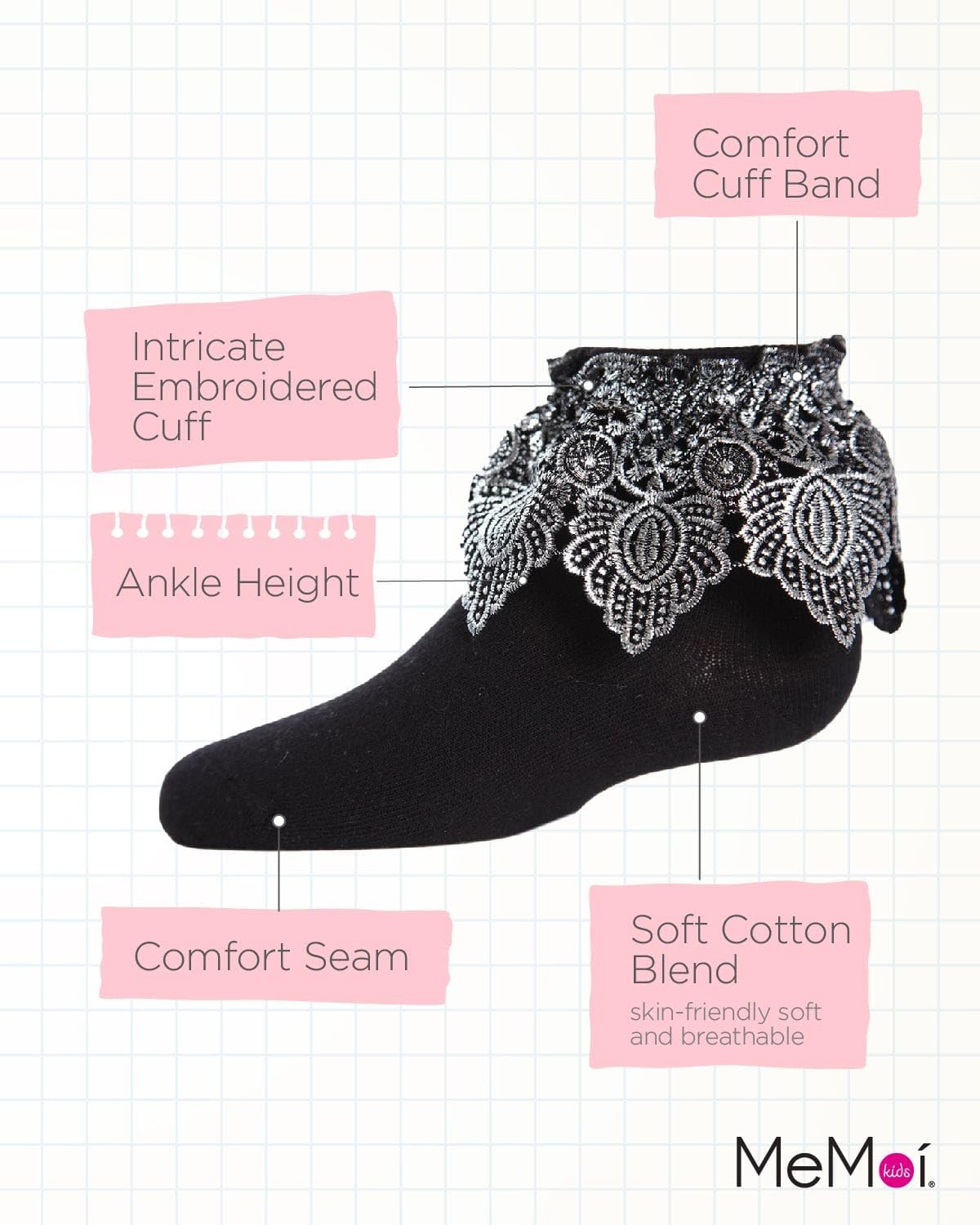 MeMoi Metallic Leaf Girls Cotton Blend Anklet Socks - Cute & Comfortable Socks for School, Play & Everyday Wear