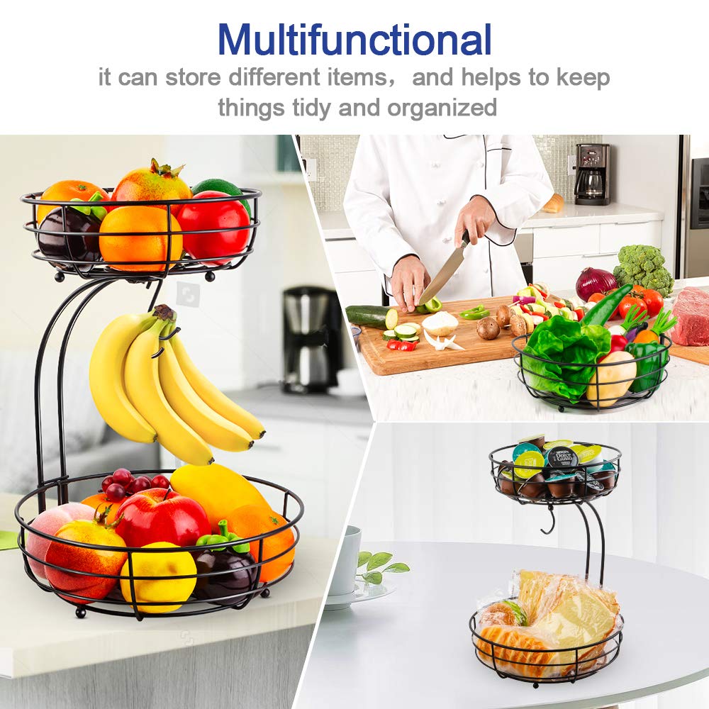 Premium 2-Tier Metal Fruit Basket with Banana Hanger - Kitchen Countertop Organizer for Fruits, Vegetables, Eggs & Bread - Space-Saving Storage Solution for Small Kitchens & Dining Tables (Black)