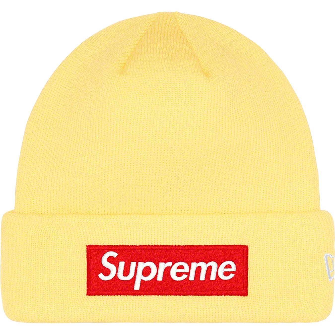 Supreme x New Era Box Logo Beanie - Pale Yellow Winter Hat for Men & Women | Streetwear Fashion Accessory for Cold Weather & Urban Style