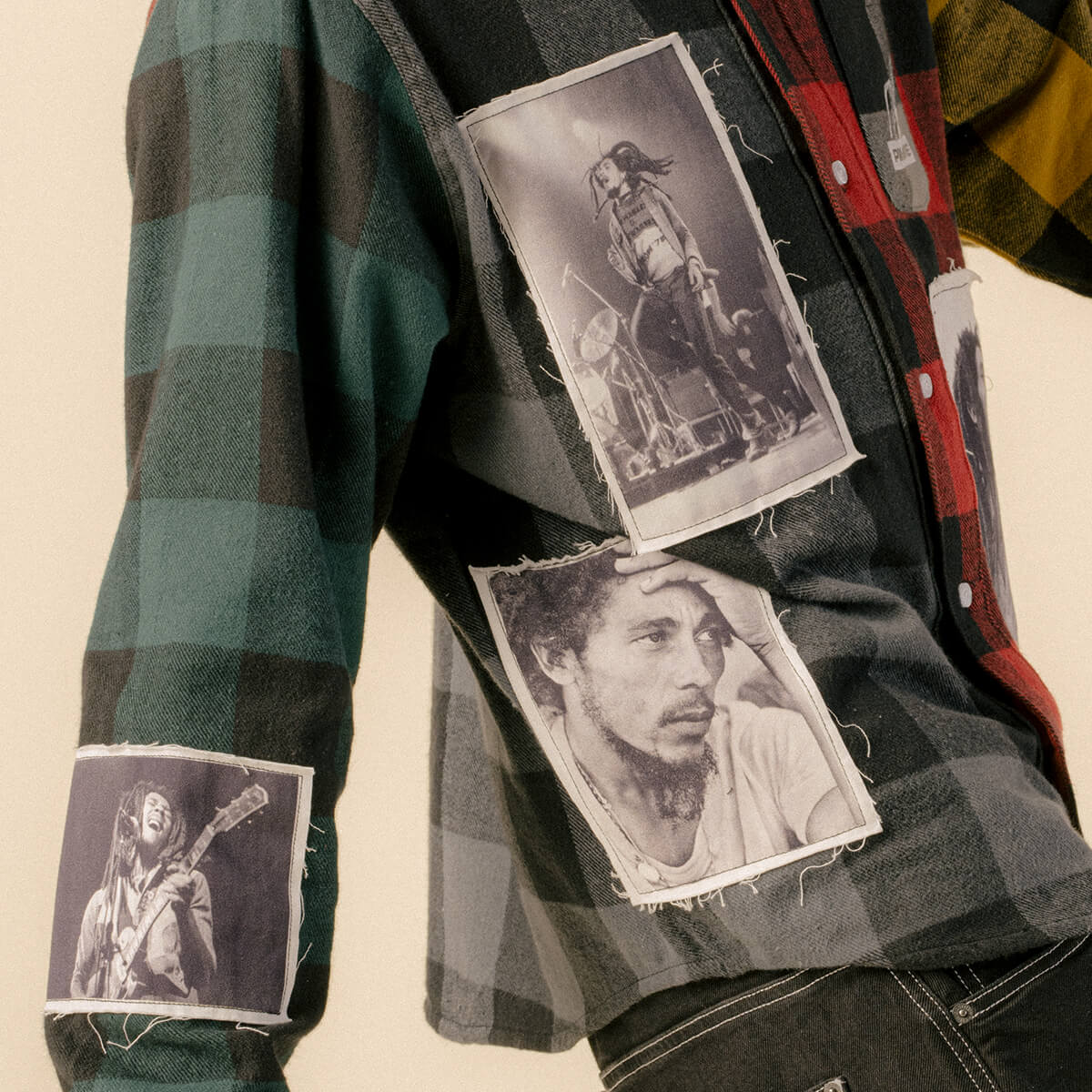 Primitive x Bob Marley Patchwork Flannel Shirt - Vintage Style Men's Casual Button Up Shirt - Perfect for Streetwear, Music Festivals & Everyday Wear