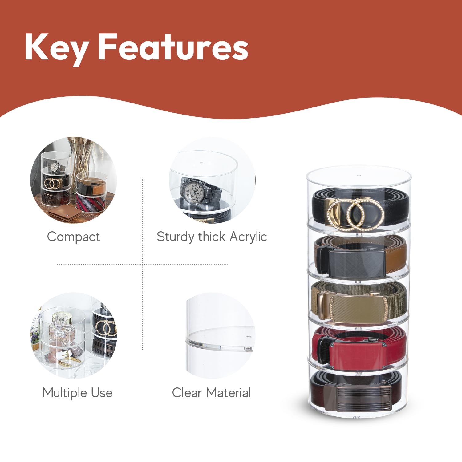 5-Layer Acrylic Belt Organizer - Space-Saving Belt Holder for Closet & Drawer Storage | Men's & Women's Belt Display Rack | Perfect for Jewelry & Watch Organization | Ideal for Home, Retail Stores & Boutique Displays