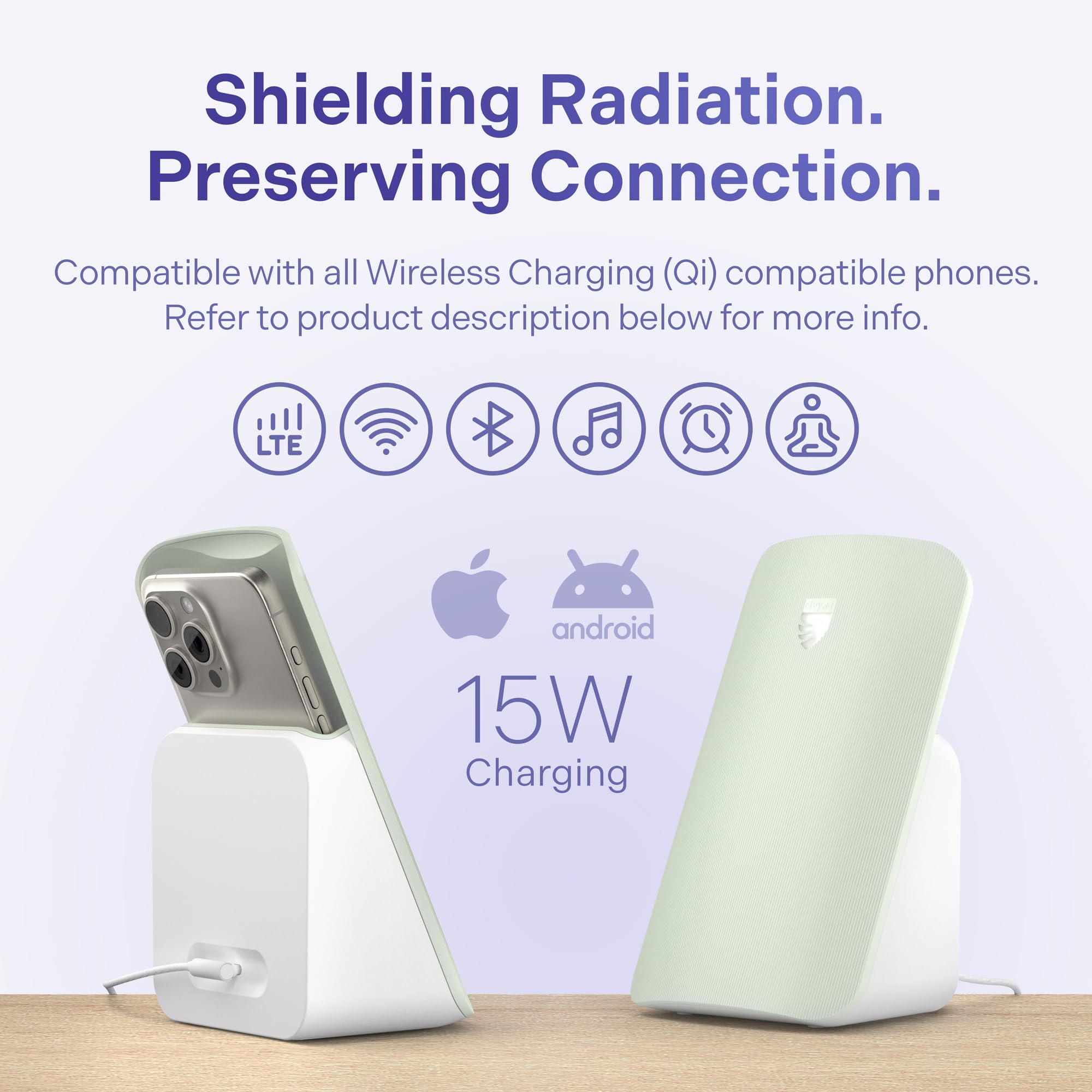 Elvy Fast Qi Wireless Charger for iPhone, Samsung & Android Phones - EMF Protection, Lab Tested by Ordos Tech, Mint Green | Safe Charging for Home, Office & Travel