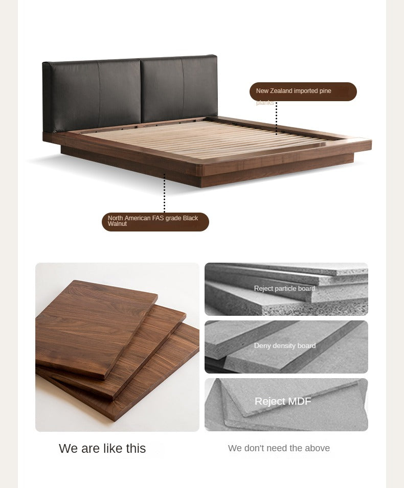 Premium Black Walnut Solid Wood Leather Upholstered Floating Bed Frame - Modern Platform Bed for Bedroom, Guest Room, or Master Suite