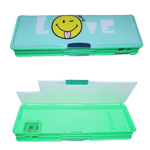 Magnetic Geometry Box with Sharpener - Smiley Printed Multipurpose Pencil Case for School, Compass & Dual-Side Storage - Light Green Pencil Box for Boys & Girls | Perfect for Math Class, Art Projects & School Supplies Organization