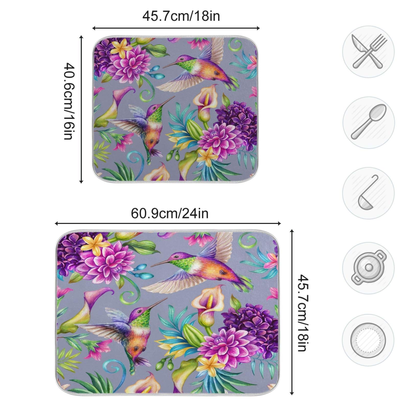 Hummingbird Print Polyester Dish Drying Mat - 24x18 Inch Absorbent Kitchen Counter Mat with Hanging Loop | Perfect for Drying Dishes, Protecting Countertops & Adding Decorative Touch to Your Kitchen