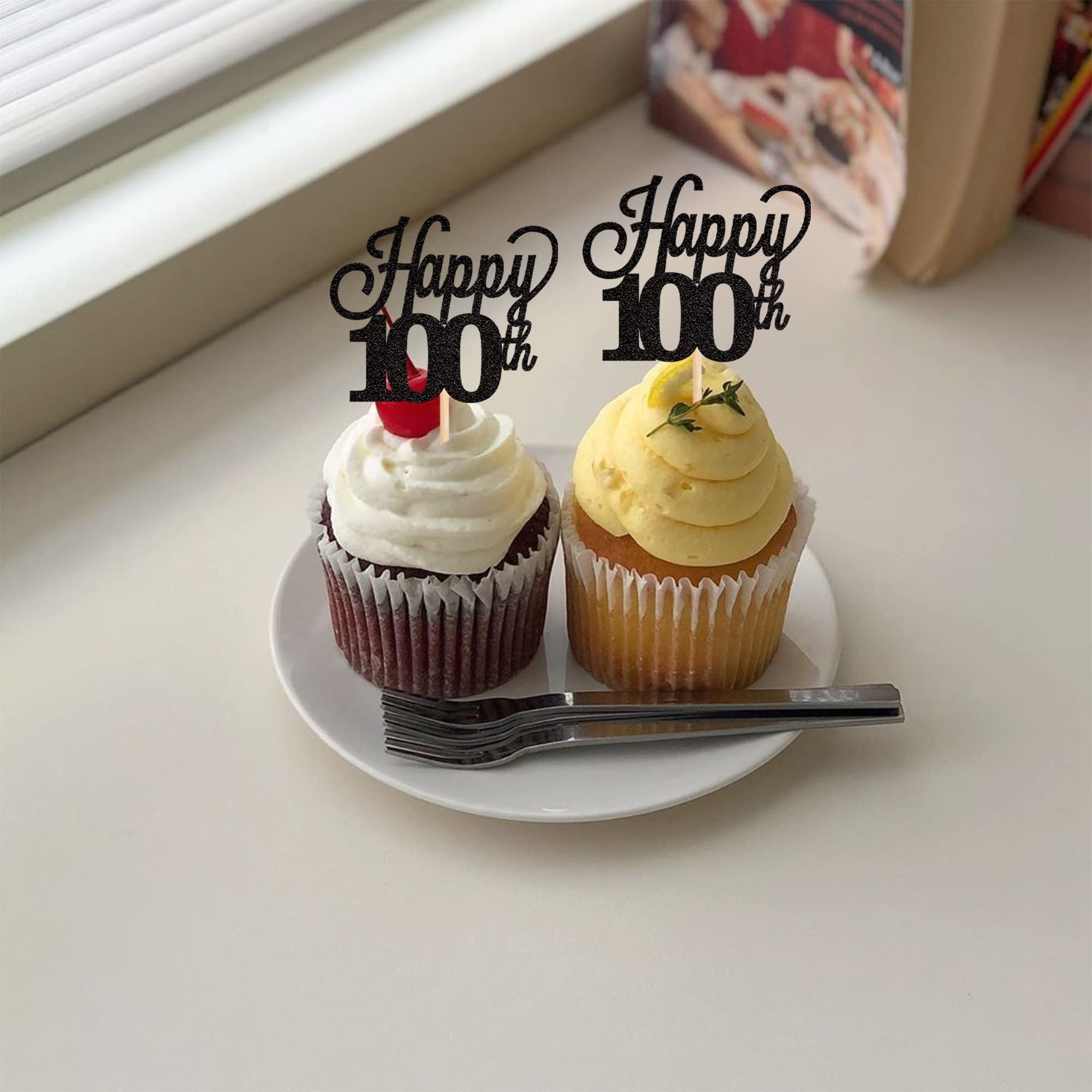24 Pack Glitter Number 100 Cupcake Toppers - Happy 100th Birthday Decorations, Wedding Anniversary Party Supplies (Black) - Perfect for 100th Birthday Cakes, Anniversary Celebrations & Milestone Party Decor