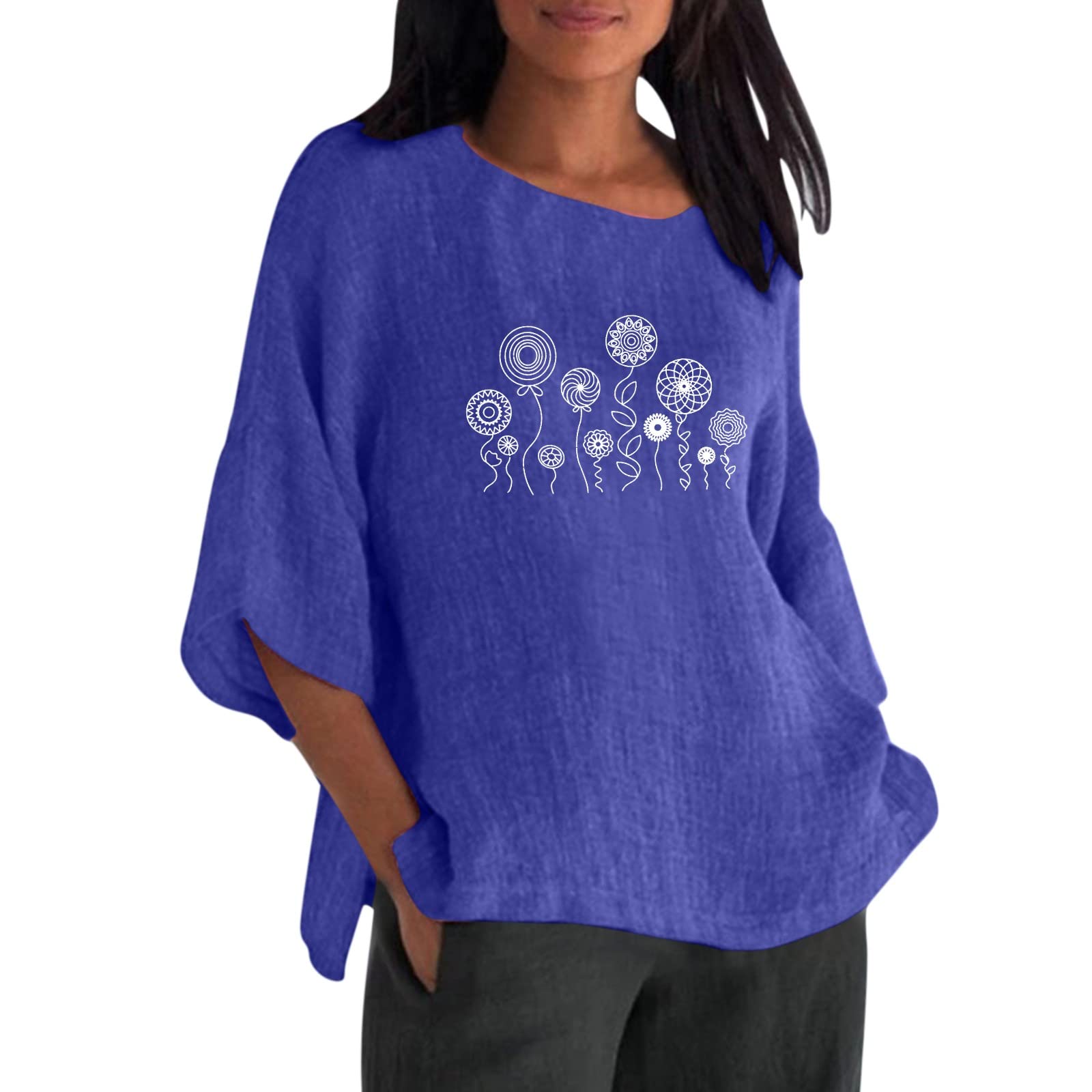 Women's Floral Printed 3/4 Sleeve Loose Tunic Top - Summer Casual Crew Neck T-Shirt for Women | Perfect for Beach Outings, Picnics & Everyday Wear