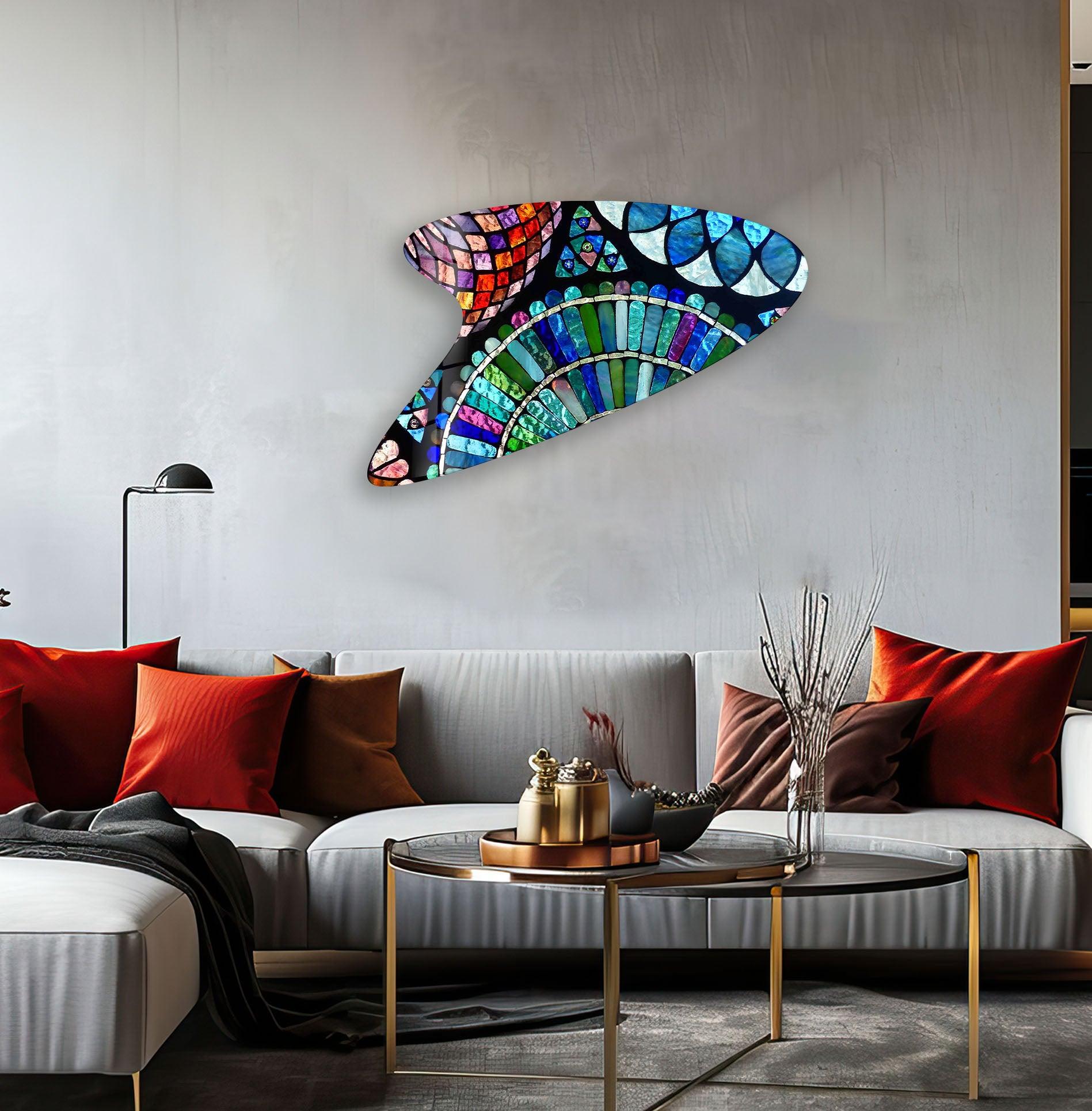 Blue Mosaic Modern Irregular Glass Wall Art - Handmade Contemporary Home Decor for Living Room, Bedroom & Office