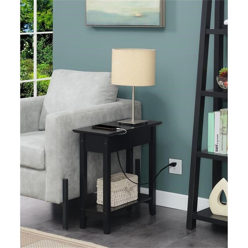 Modern Black Flip-Top End Table with Built-in USB Charging Station - Wooden Side Table for Living Room, Bedroom & Small Spaces