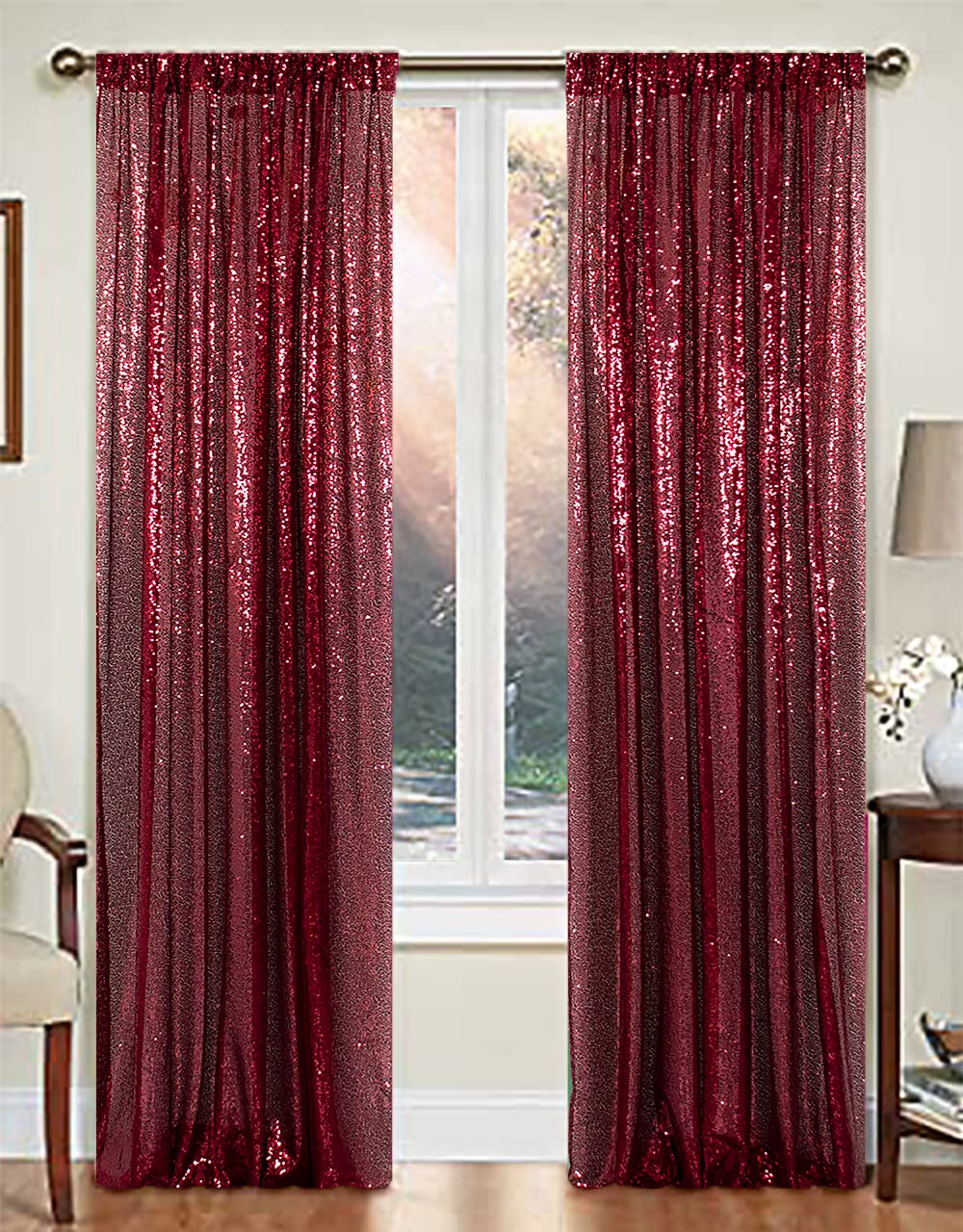 Burgundy Sequin Backdrop 2 Panels - 8ft Glitter Wedding Curtain for Photo Booth, Birthday Party Decor & Event Drapes | Elegant Shimmer Fabric Backdrop for Weddings, Birthdays, Baby Showers & Special Occasions