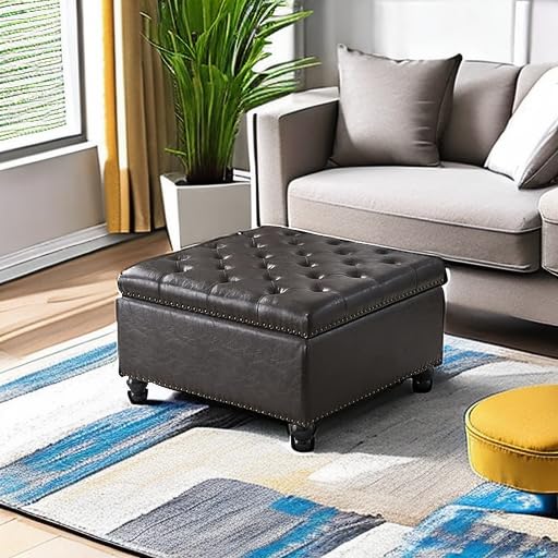 Square Storage Ottoman Bench - Oversized Coffee Table Ottoman with Hidden Storage for Living Room | Multi-Functional Seat, Footrest & Storage Solution
