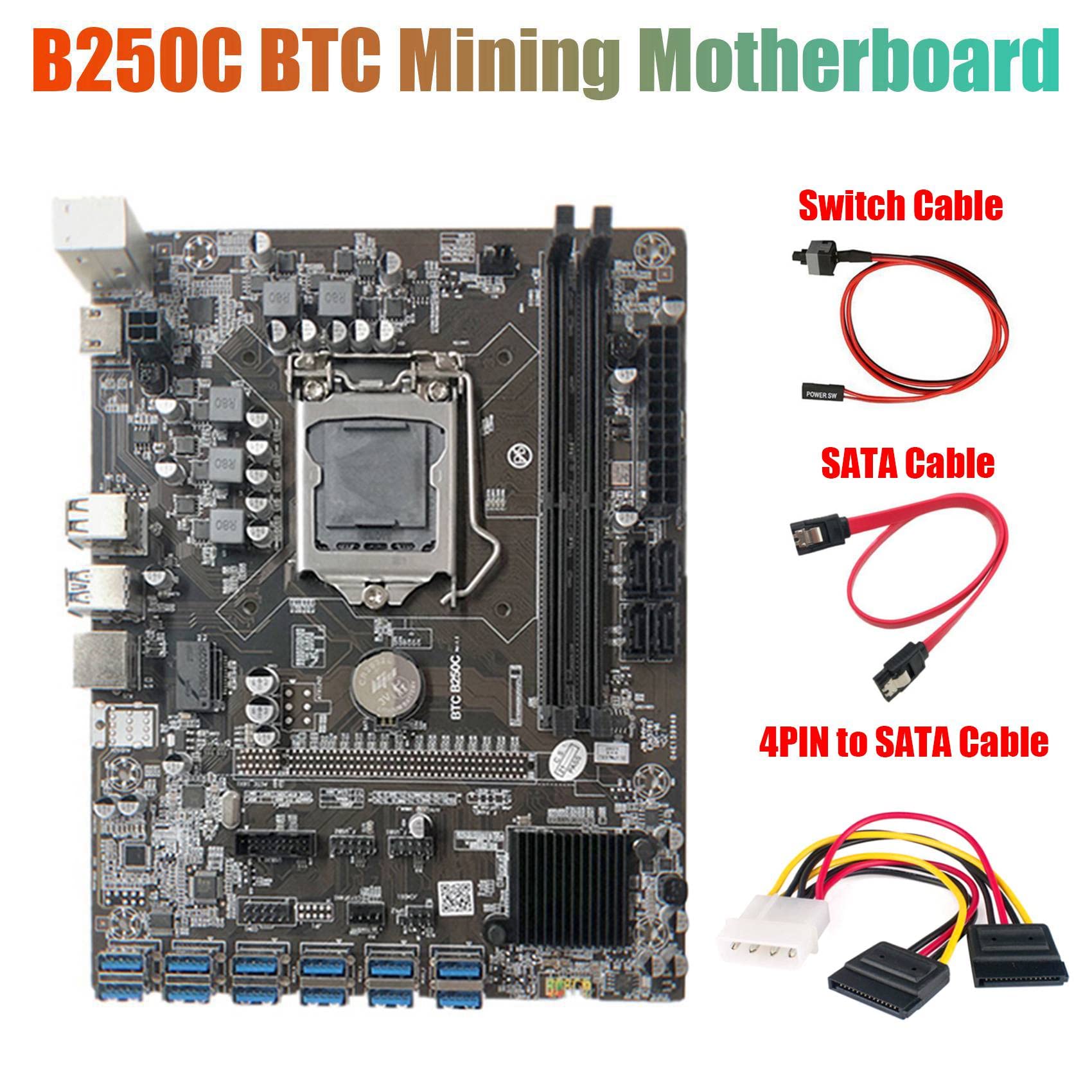 BEEOFICEPENG B250C Mining Motherboard - 12 GPU PCIE Slots, 4PIN to Cable & Switch Cable Included - Perfect for Cryptocurrency Mining & GPU Rig Setup