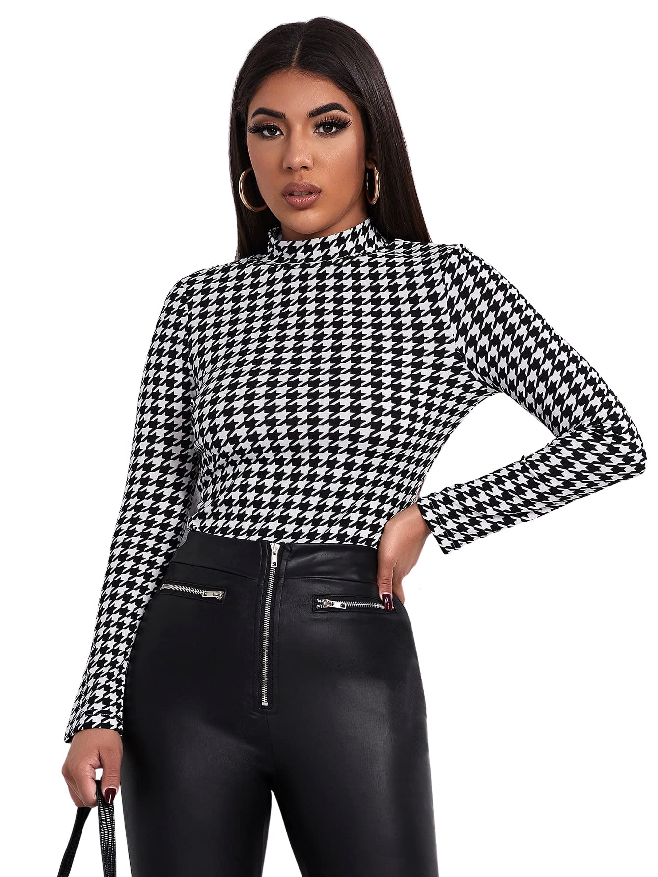Verdusa Women's Houndstooth Print Long Sleeve Mock Neck T-Shirt - Stylish Casual Top for Work, Date Night & Everyday Wear