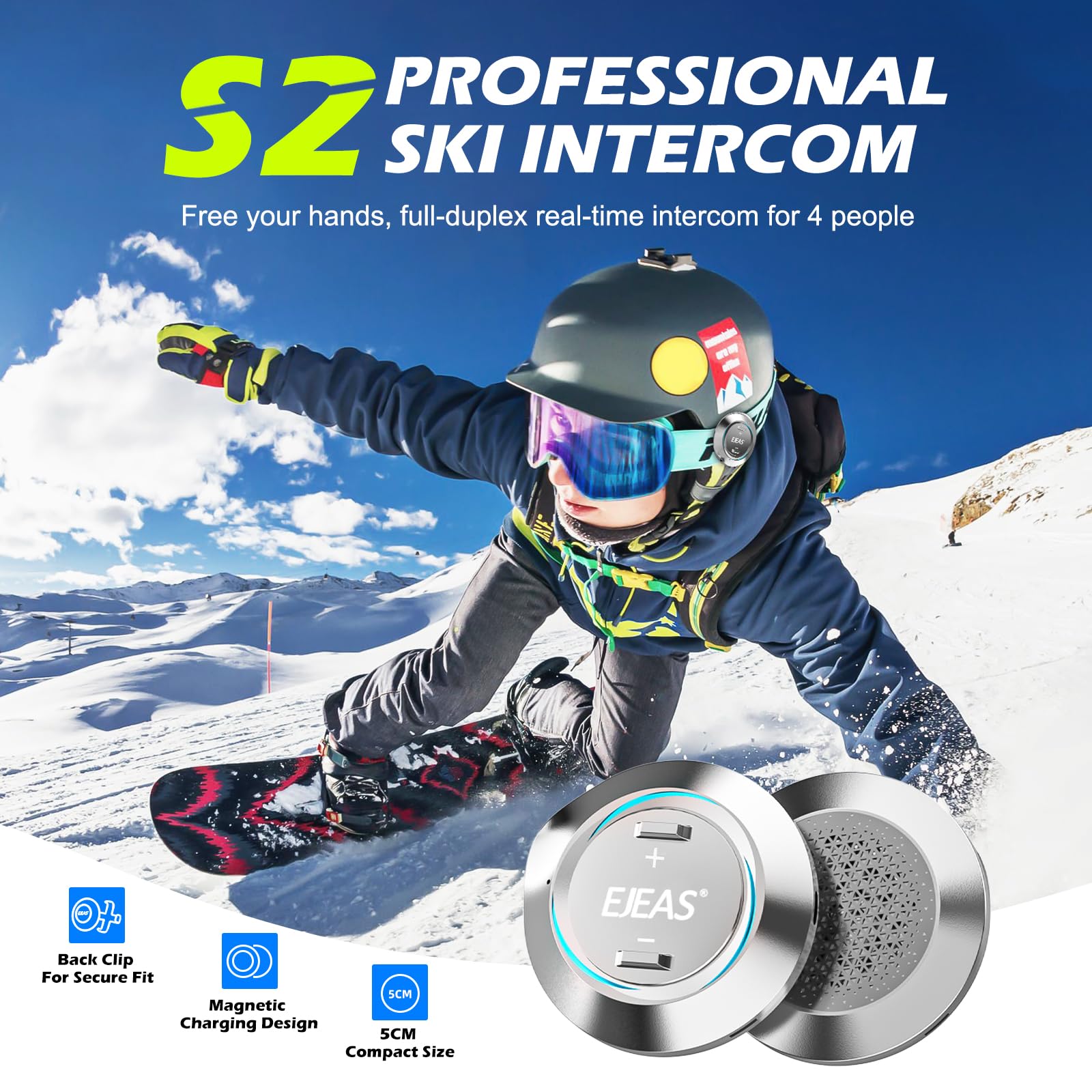 S2 Professional Wireless Intercom System for Skiing, Snowboarding & Cycling - Hands-Free Bluetooth Helmet Communication, Waterproof, HiFi Sound with Noise Cancellation - Perfect for Mountain Adventures, Group Rides & Outdoor Sports