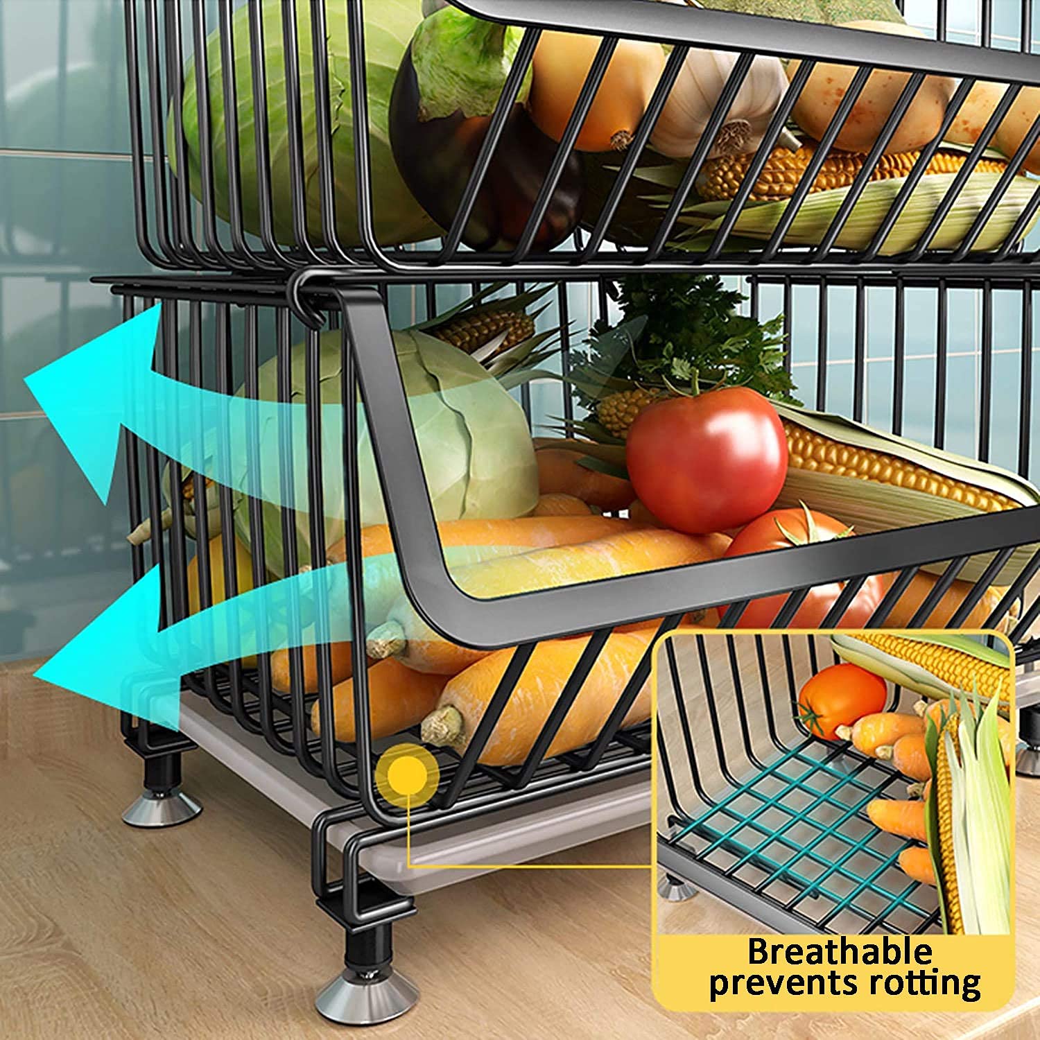 Stainless Steel Rolling Stackable Wire Baskets - 4 Tier Metal Storage Organizer with Wheels for Kitchen Pantry, Bathroom & Office | Perfect for Snacks, Toiletries & Office Supplies Organization
