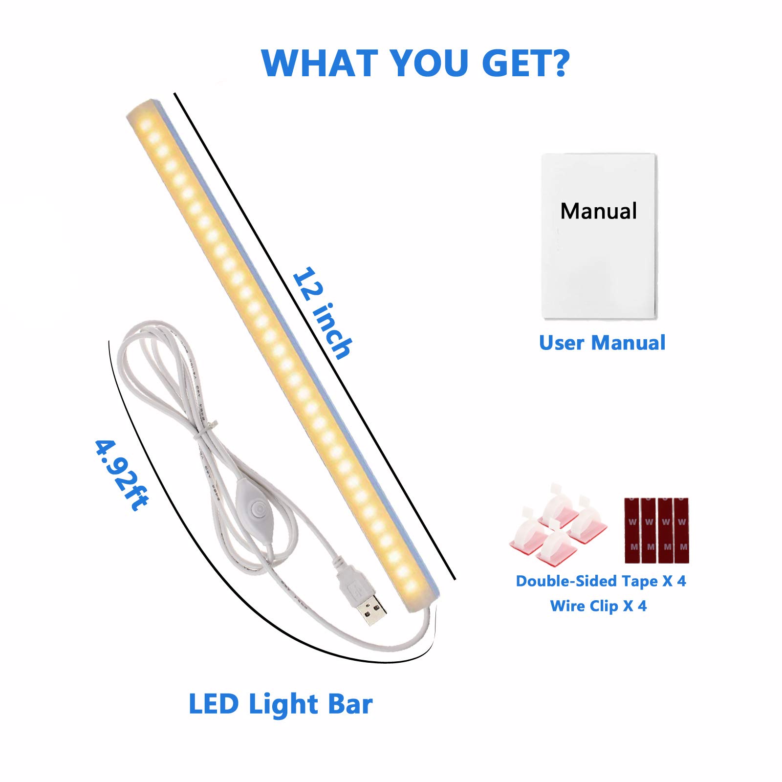 JUSJUBR 12-Inch Under Cabinet LED Lighting with Memory Function, 3000K Warm White Dimmable USB Light Bar for Kitchen Sink, Desk & Room - Slim Design (Plug Not Included) - Perfect for Under-Counter Illumination, Task Lighting & Home Decor