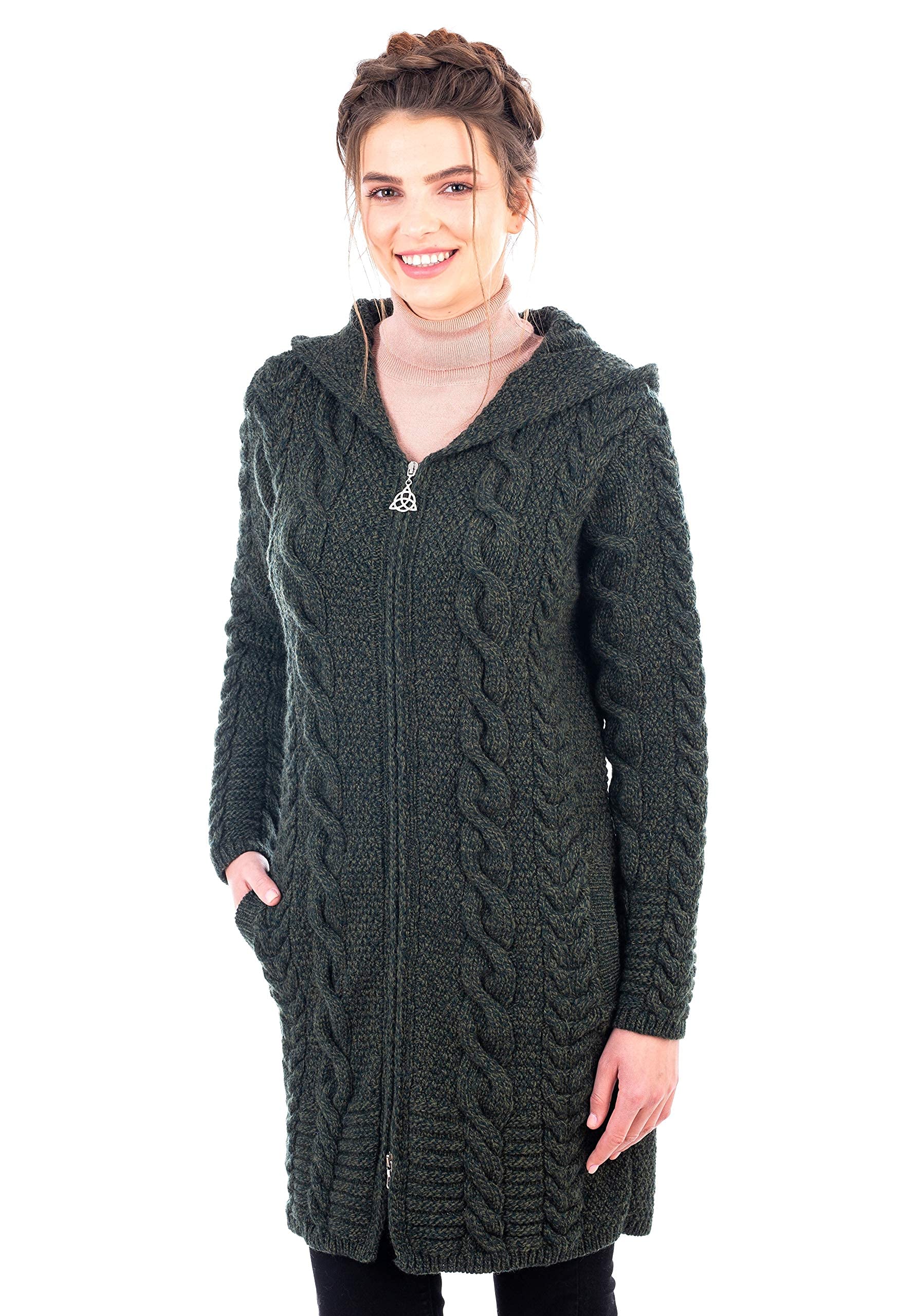 SAOL 100% Merino Wool Aran Cable Knit Hooded Zip Cardigan Irish Coat - Warm Winter Sweater for Women, Cozy Oversized Pullover for Outdoor Hiking & Casual Wear