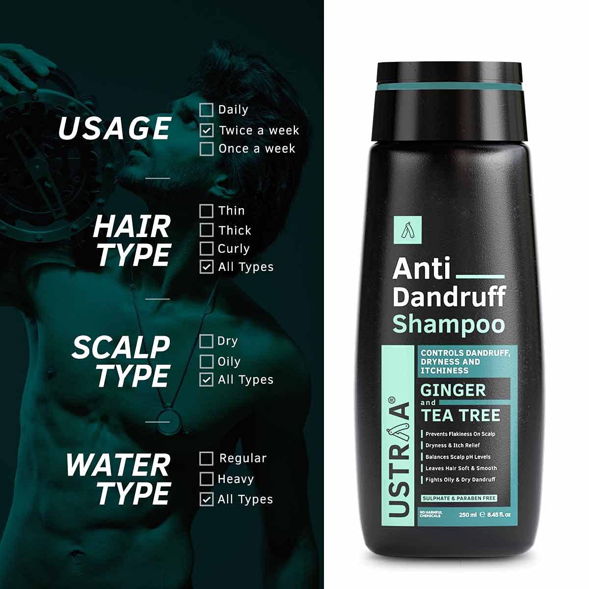 Ustraa Anti-Dandruff Shampoo 250ml - Climbazole, Ginger & Tea Tree Oil Formula for Dandruff Control - Sulfate Free, Paraben Free, Silicone Free, Mineral Oil Free - Ideal for Daily Scalp Care & Itch Relief