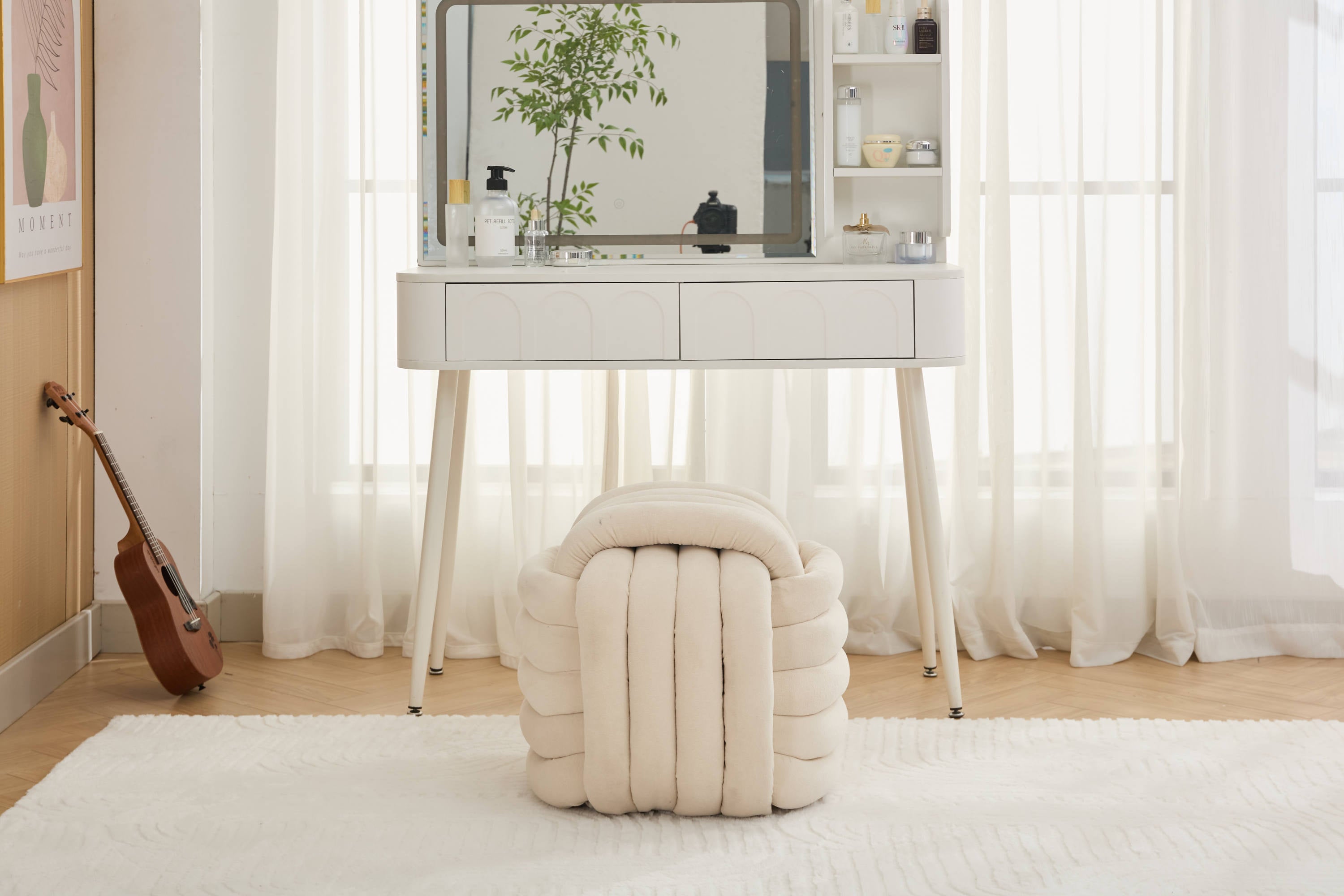 Modern Knot Design Chenille Fabric Ottoman Footstool - Comfortable & Stylish Makeup Stool for Living Room, Bedroom - Beige Home Decor Accent | Perfect for Lounging, Reading Nook & Vanity Seating