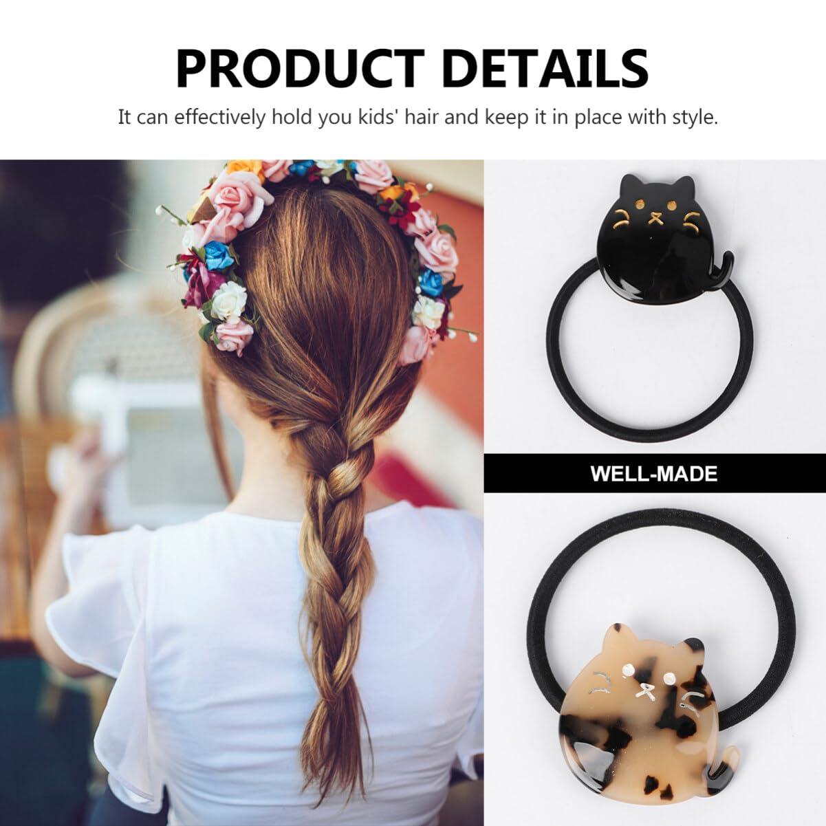 2Pcs Cute Cat Hair Ties for Women & Girls - Soft Elastic Rubber Bands for Thick & Thin Hair - Ponytail Holders & Hair Accessories - Perfect for School, Work, Parties & Everyday Use