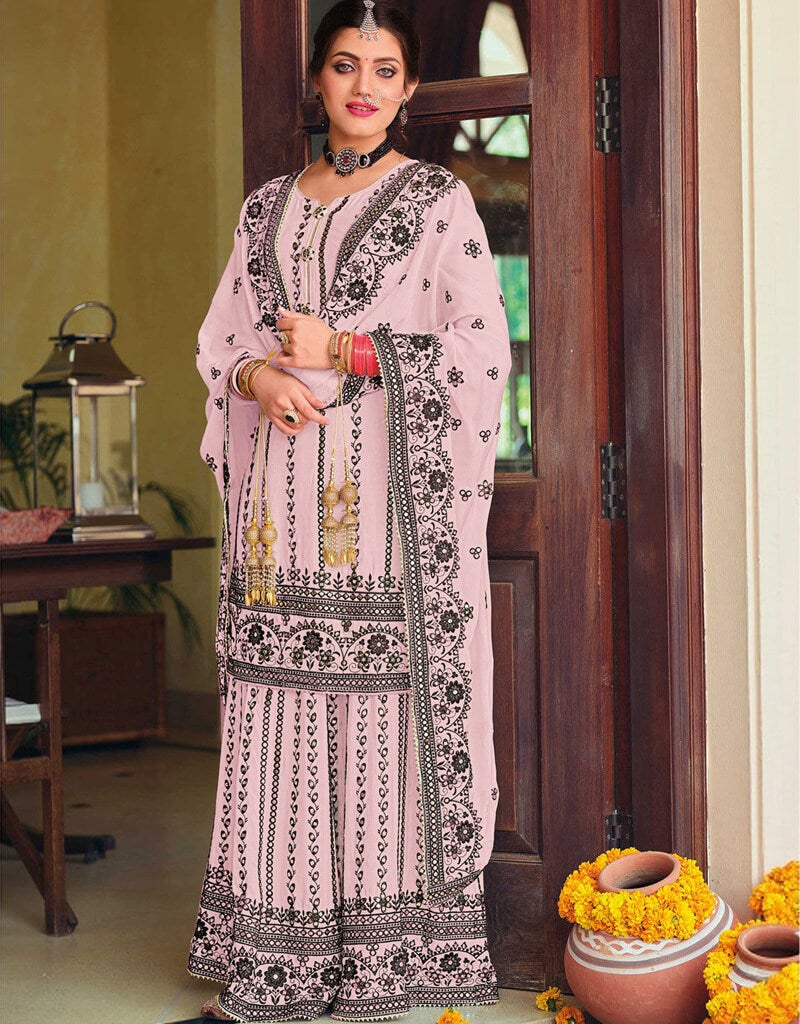 Elegant Baby Pink Palazzo Style Salwar Suit - Faux Georgette Indian Ethnic Wear for Women - Perfect for Weddings, Festivals & Special Occasions